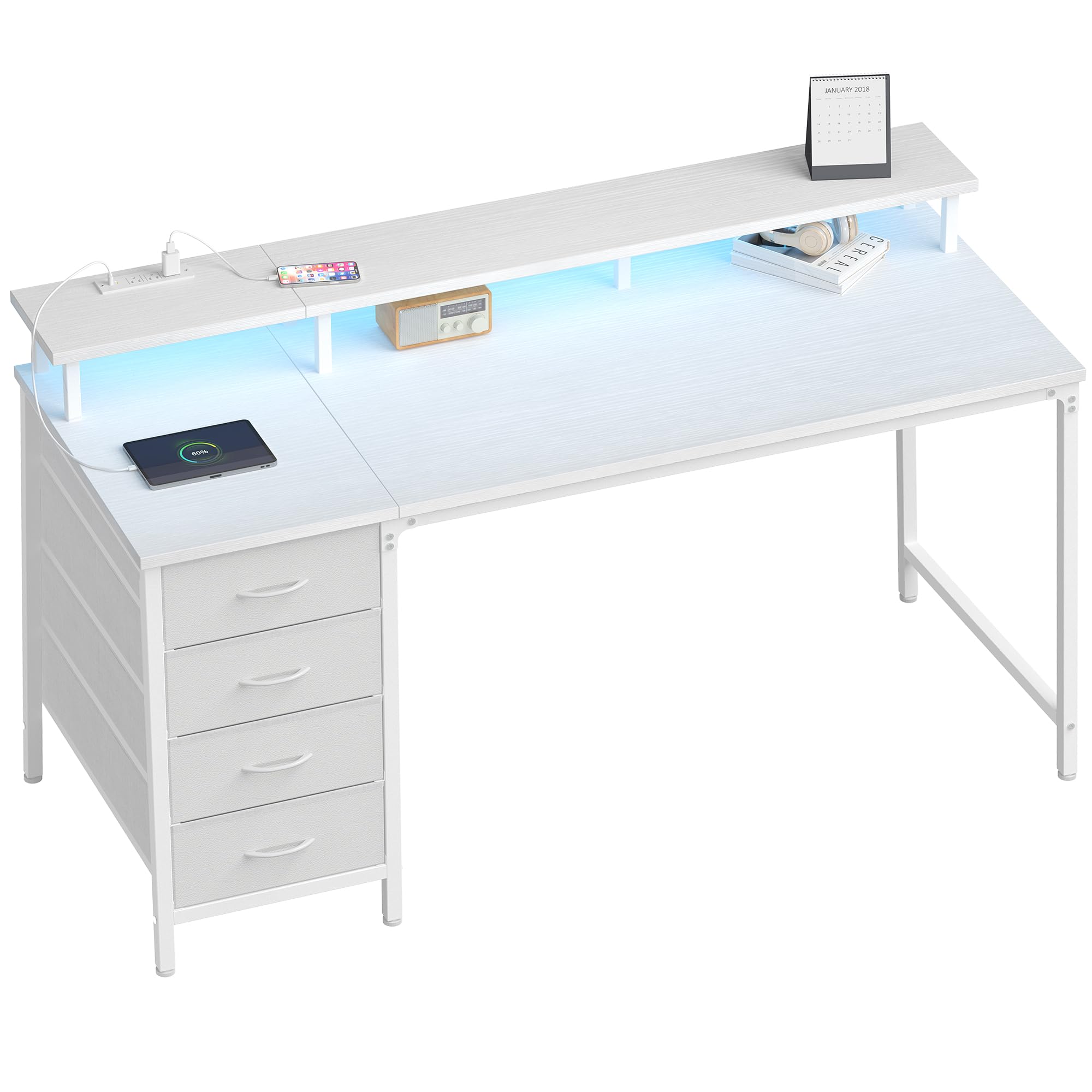 DUMOS Computer Desk with 4 Drawers,4 Drawer Gaming Desk with Power Outlets and LED Lights,Office Desk for Small Spaces with Monitor Shelf,Writing Desk
