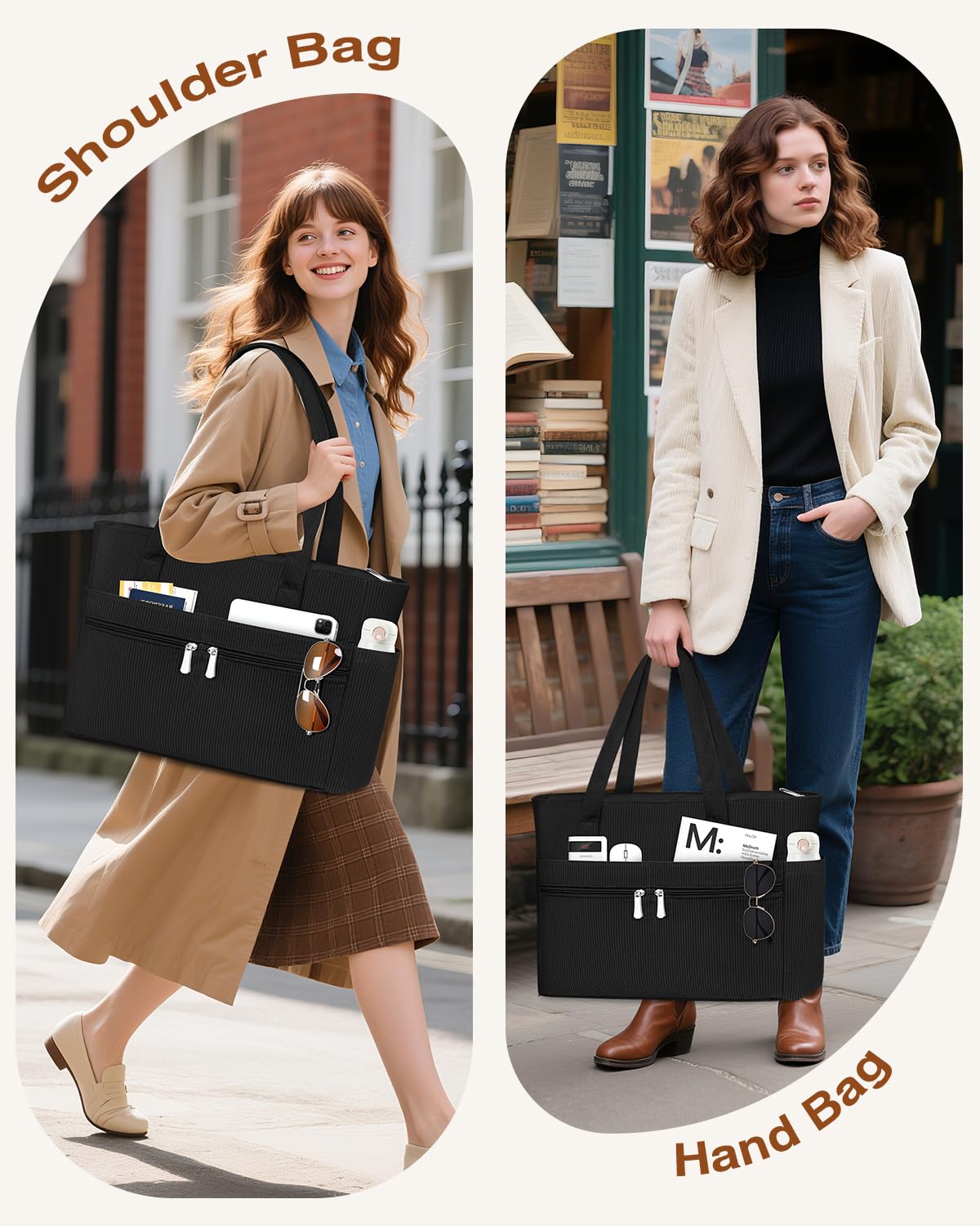 LUROON Sac a Main Femme Cabas Grande Capacité, Sac Cabas Femme en Velours Côtelé Tote Bag avec Fermeture Éclair, Léger Sacs Ordinateur 15.6 Pouces pour Voyage Collège Travail
