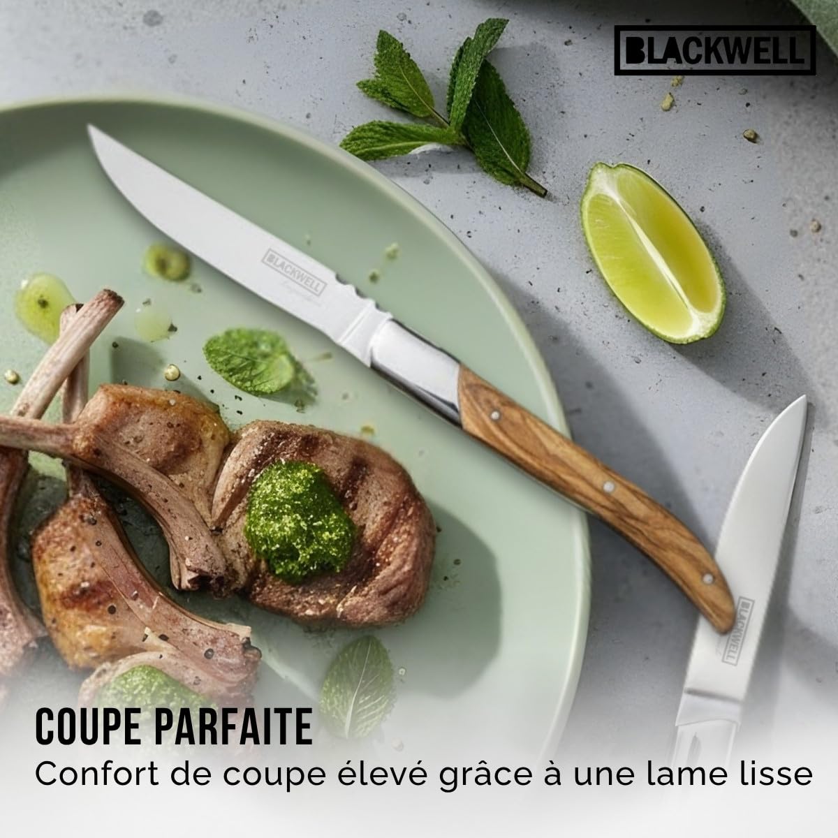 Blackwell Laguiole Lot de 6 couteaux à steak | Bois d'olivier | Lame lisse en acier inoxydable | 22,5 cm | Avec boîte cadeau