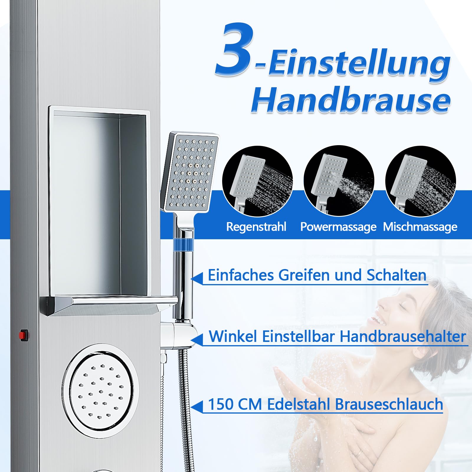 ROVOGO Duschpaneel mit Ablage und Armatur, 5 Funktionen Duschsäule mit LED: Nebel- und Regen Duschkopf, 2 Massagedusche, 3-Modus Handbrause, Wasserfall Wanneneinlauf, Duschpaneele Edelstahl Gebürstet