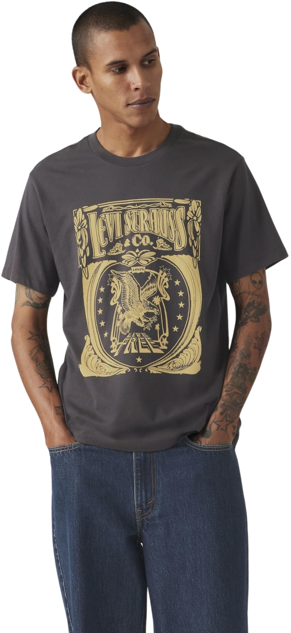 Levi's Men's Brin Music Insipred Phantom - Black T-Shirt Graphic Crew Neck Tee In Cotton With Print, Black (Brin Music Insipred), Xs