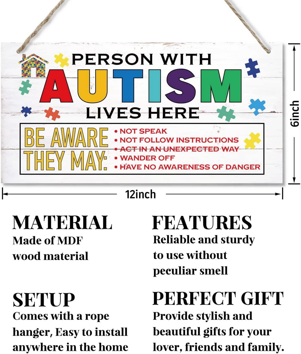 Person With Autism Lives Here Sign, Hanging Wood Sign Home Decorative, Printed Wood Wall Art Sign, Colorful Autism Wood Plaque Sign, Autistic Support Decorative Plaque, Autism Family Decor 12 * 6inch - Image 2
