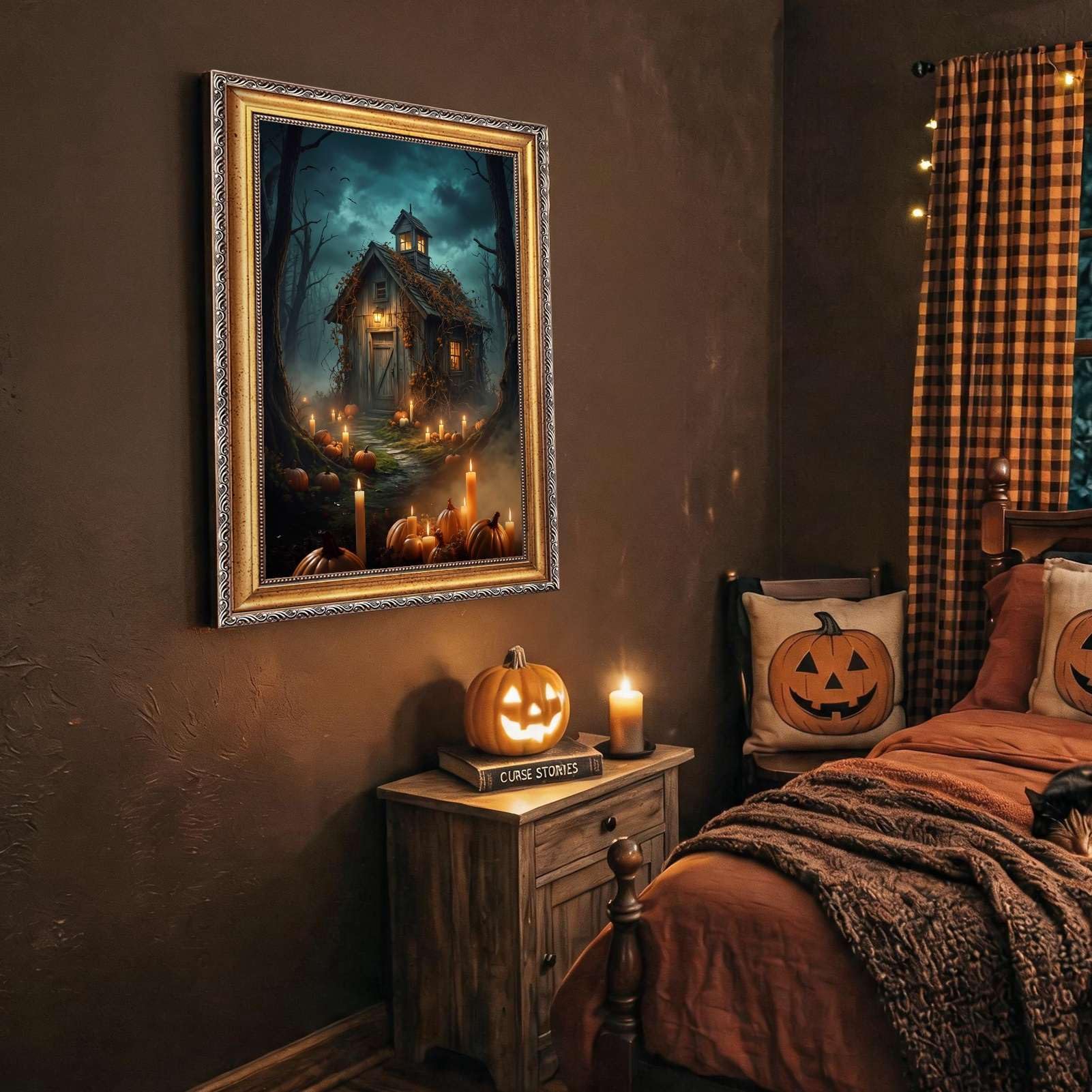Cuadro decorativo de cabaña en el bosque místico con calabazas, impresión e