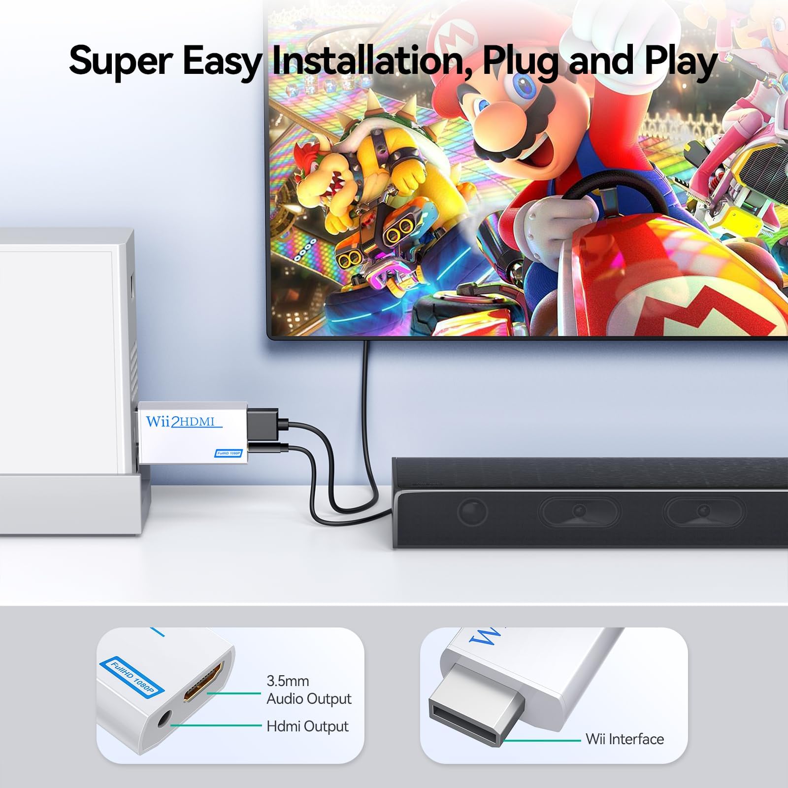 Convertitore da Wii a HDMI 1080p 720p, Adattatore Wii HDMI con Uscita Audio 3,5mm, Supporta Tutte le Modalità di Visualizzazione Wii, Bianco