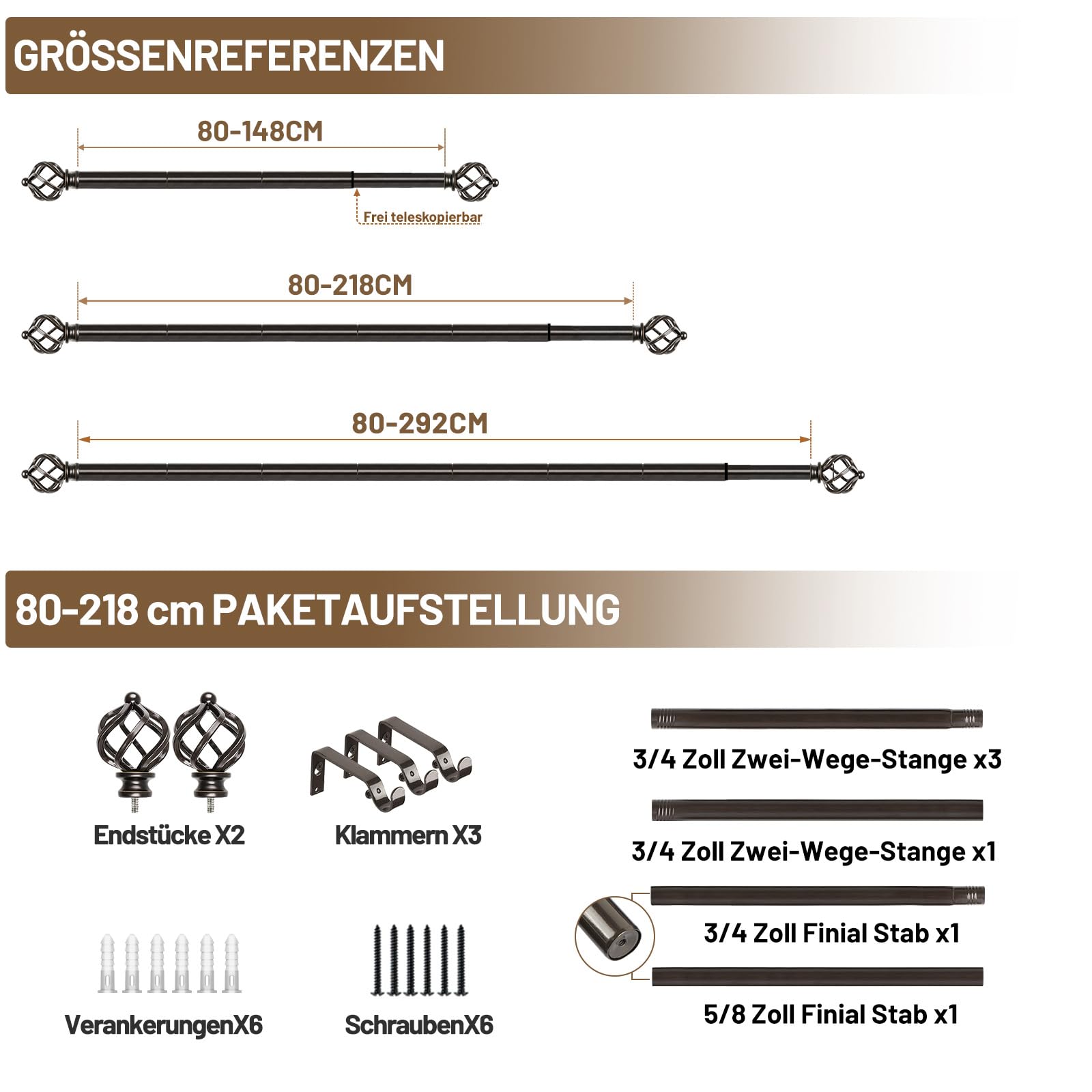 KAMANINA Karnisz do zasłon w kolorze czarnym, 80 do 218 cm, dekoracyjny karnisz wysuwany, karnisze do okien, salonu, sypialni, z końcówką skręconą klatkę