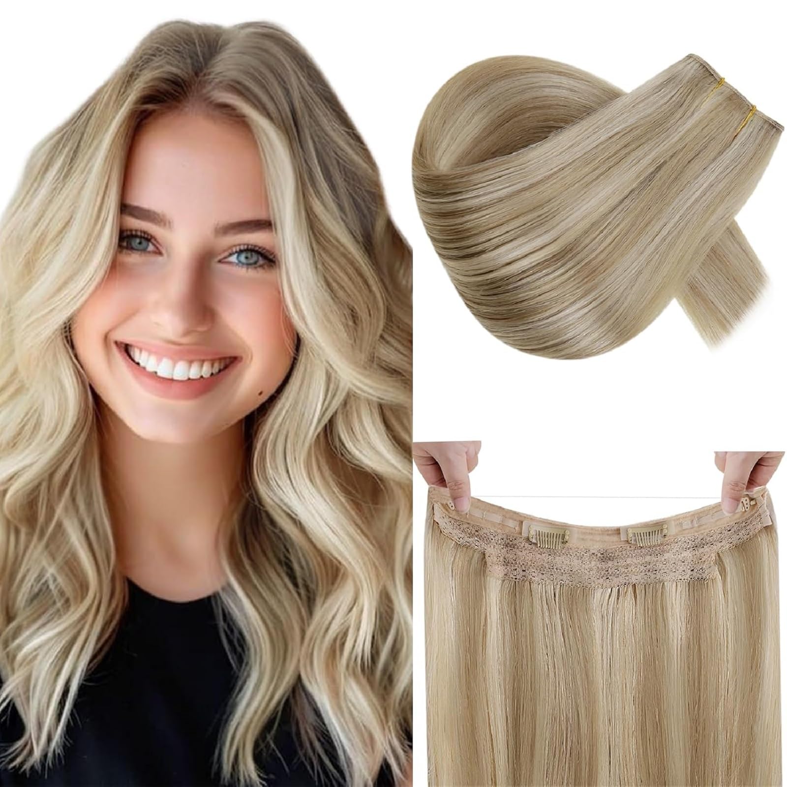 RUNATURE Extensions Echthaar mit Draht 40cm Higligh Blond Glatt Haarextensions Haarverlängerung Extensions Echthaar mit Unsichtbarer Draht Blond 80g Draht Extensions Echthaar Farbe #16P22