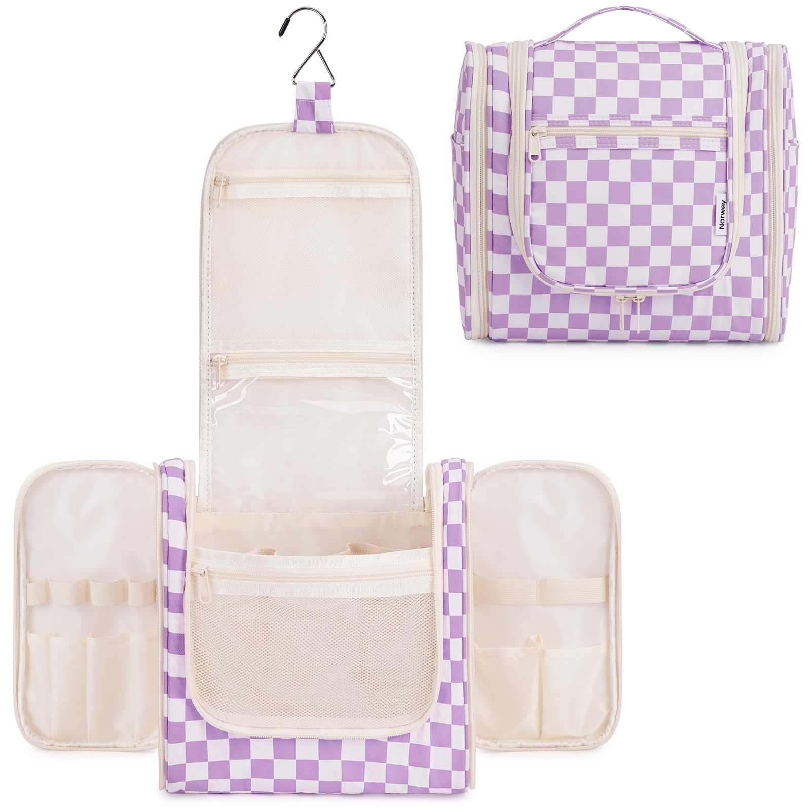 Narwey Checked Hanging Travel Toiletry Bag for Women, Travel Bag for Toiletries, Makeup Bag Organizer Cosmetic Bags Make Up Bags for Women (Purple