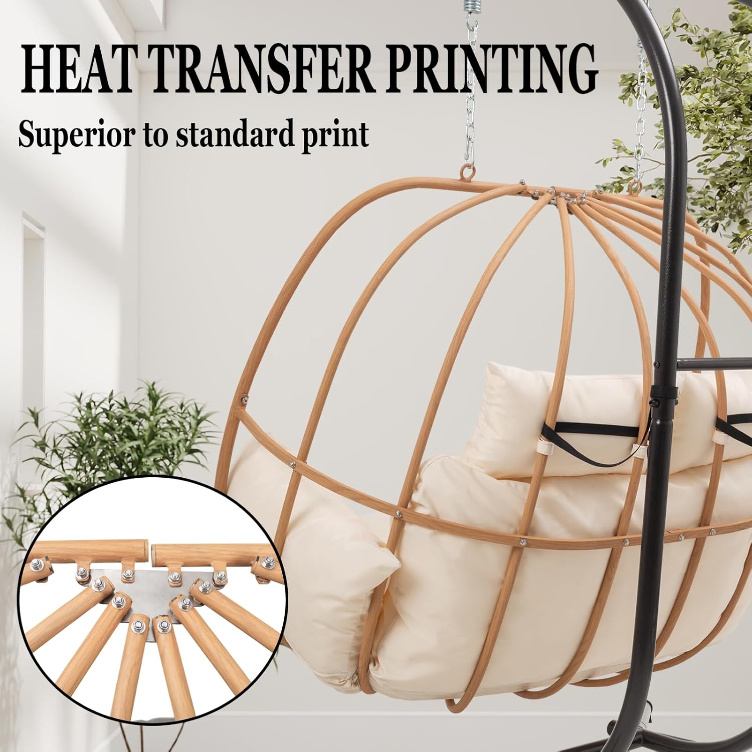 Double Egg Swing Chair with Stand, Oversized Egg Chair Outdoor Indoor, Hanging Swing Chairs with Cushions, Extra Large 2-Person Swing Chairs for Balcony, Porch, Garden, Beige