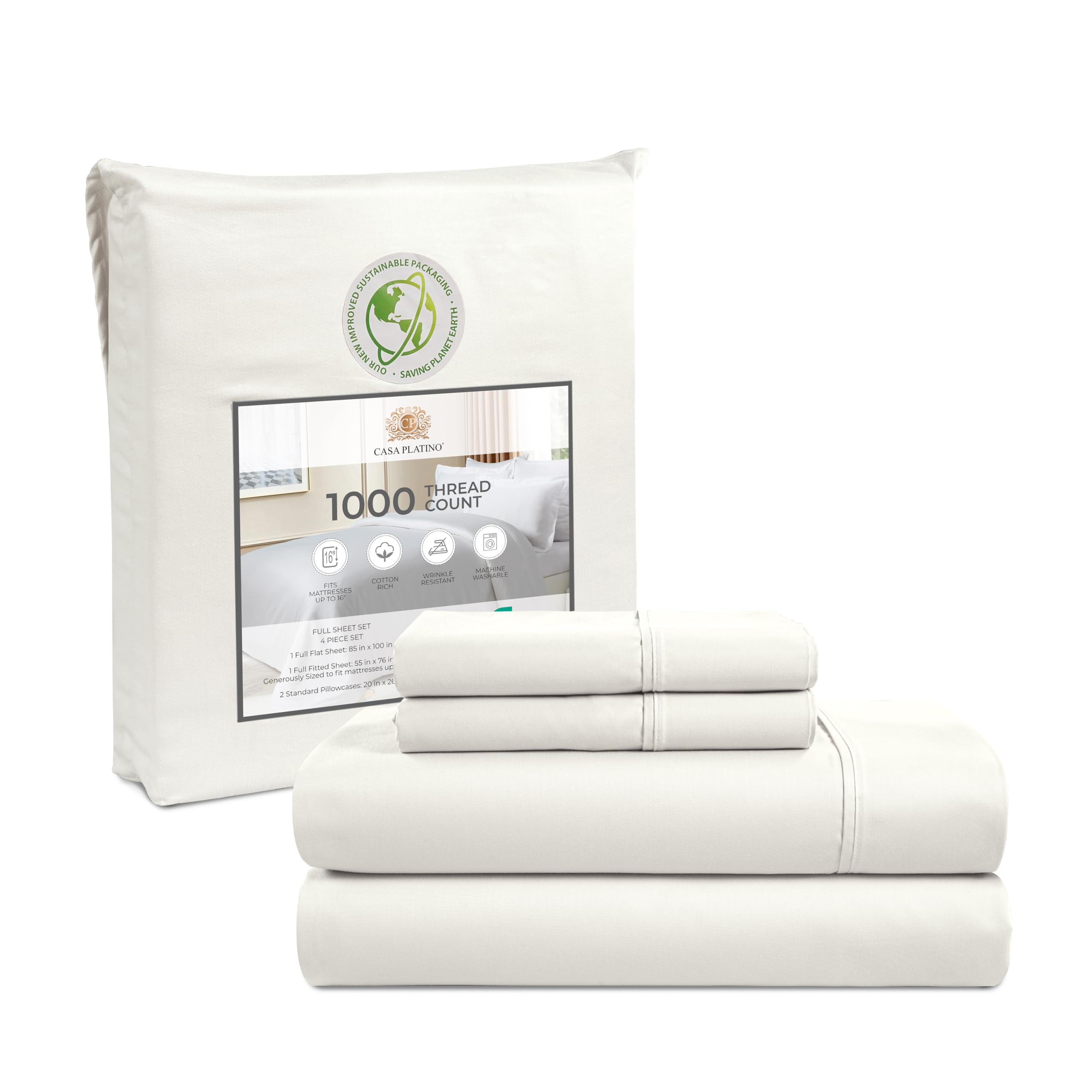 Casa Platino1000 Thread Count Full Size Bed Sheets, 4 Pieces, Cotton Rich Luxury Full Size Sheets Set, Deep Pocket Sheets Full Size Bed, Hotel Bed Sheets Full Size, Super Soft Full Sheet Set - White