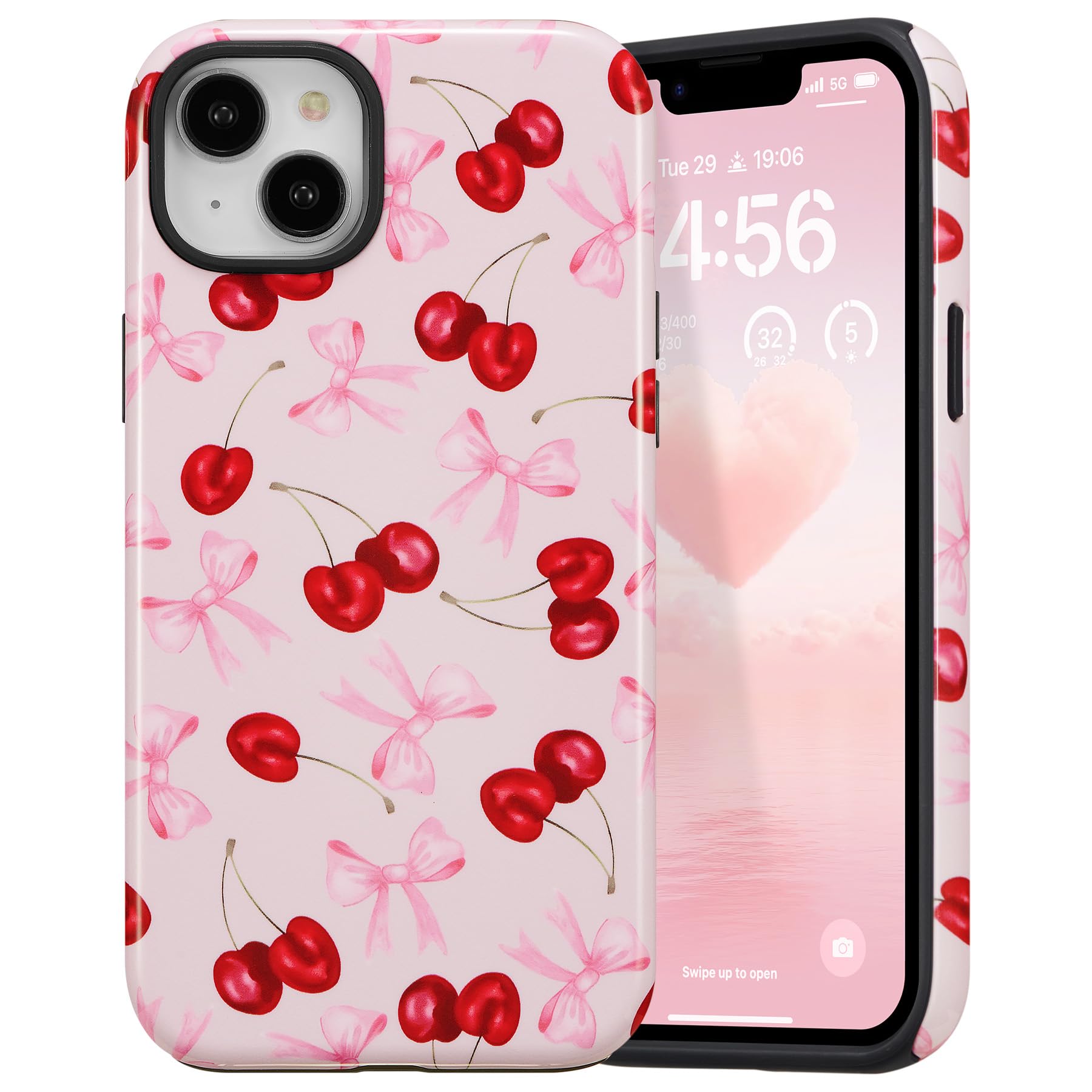 DEFBSC Case for iPhone 14 Plus/iPhone 15 Plus, Cute Pink Bow Cherry Print Aesthetic Trendy Pattern for Women Girls Durable Bumper Shockproof for