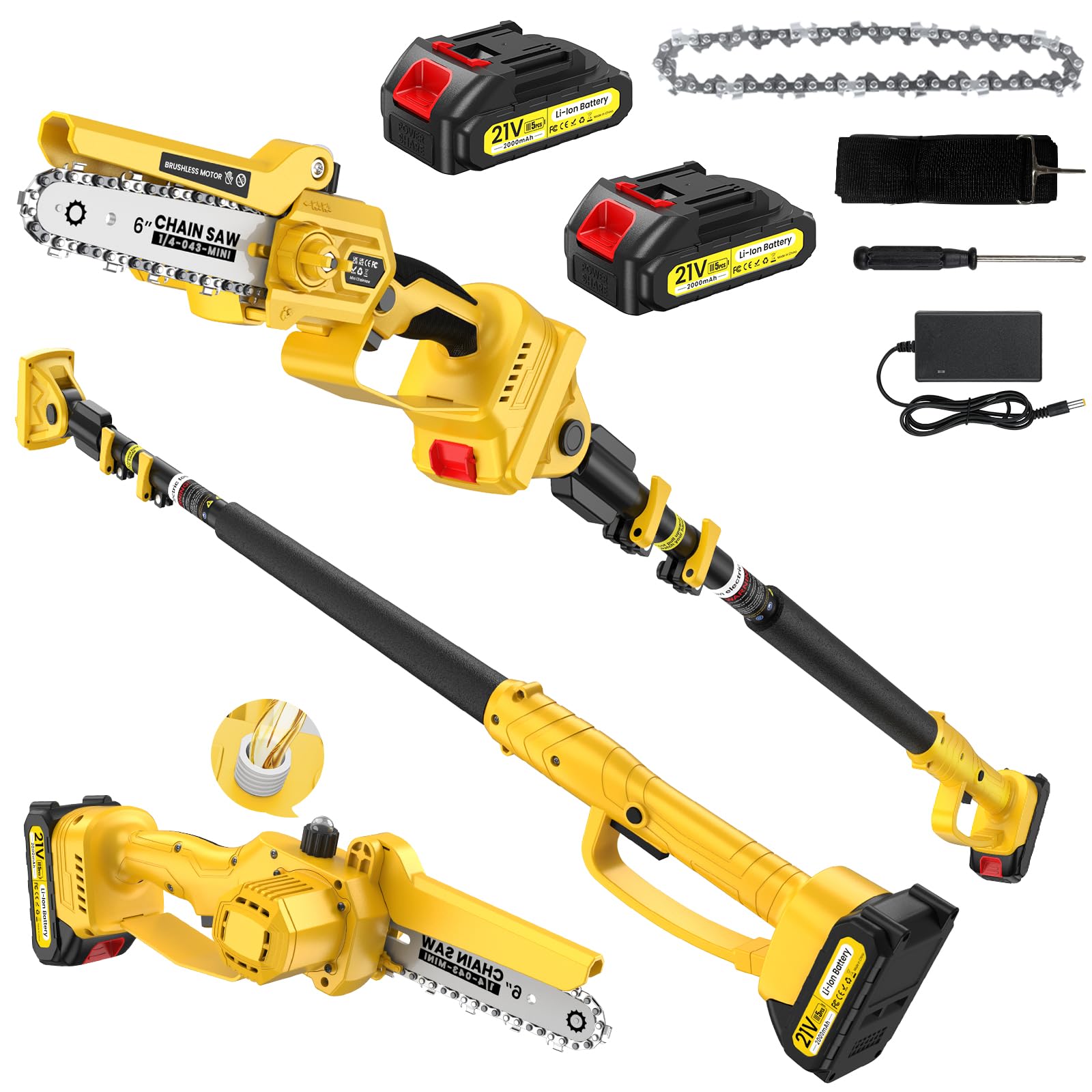 2-in-1 Mini Motosega a Batteria con Asta 2.2m Telescopica, 6 Pollici Motosega Telescopica Senza Spazzole con 2x2000mAh Batterie, Altezza Di Lavoro 5m, per Aziende Agricole, Frutteti, Giardini