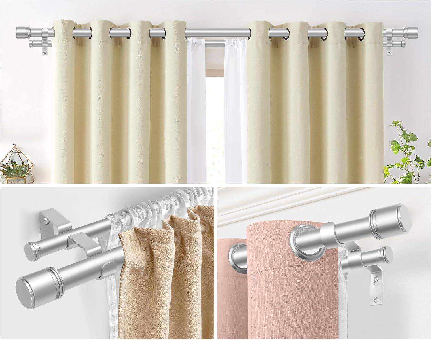 Double Curtain Rod 72 to 144 Inch, HOTOZON 1 Inch Heavy Duty Double Curtain Rods for Windows 60 to 140 Inches(5-11.6 ft), Telescoping Drapery Rod with Simple End Finials, Silver