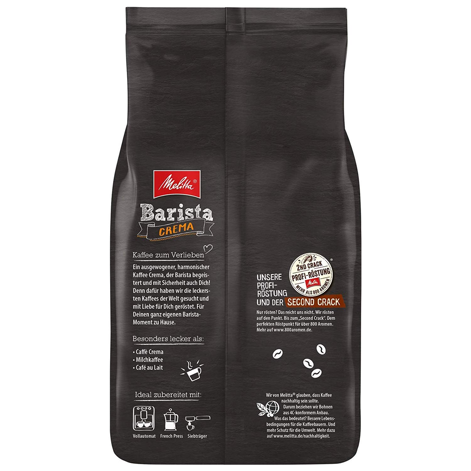 Melitta Barista Crema, Ganze Kaffeebohnen 4x 1000g (4000g) - ausgewogener, harmonischer Kaffee