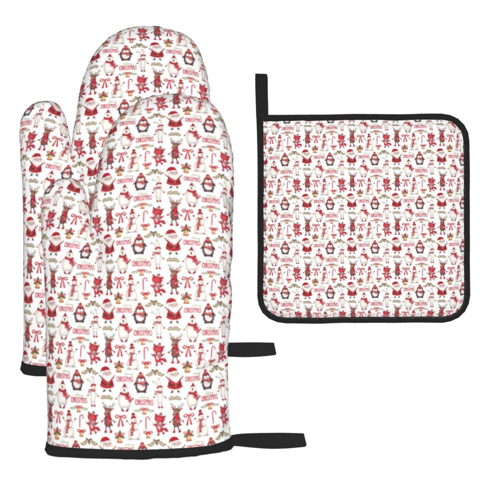 Christmas Santa Claus Print Oven Set Kitchen Gloves Baking Grilling Microwaving Cooking Gift Everyday Holiday