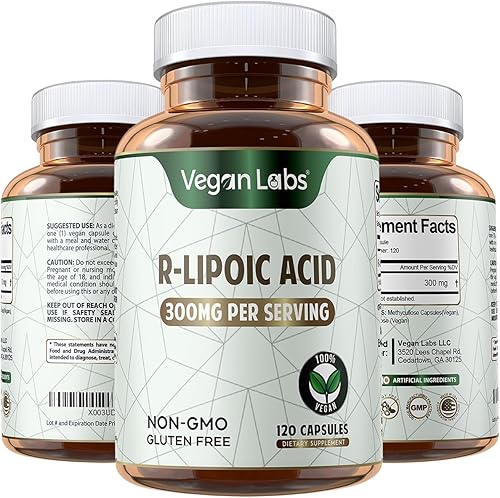 Vegan Labs Ácido R-lipoico de 300 MG, 120 cápsulas veganas, apoya la energía celular y la protección antioxidante, sin gluten, sin OMG, suplemento