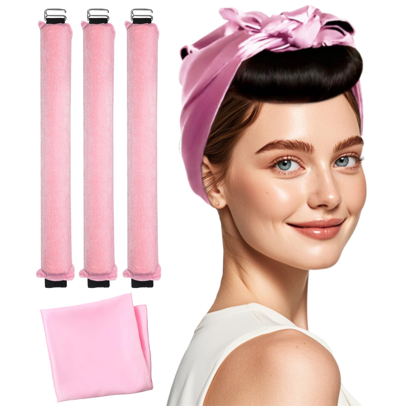 Bigodino Per Capelli Senza Calore, Per Dormire, In Velluto Satinato, Senza Calore, Per Tutti I Tipi Di Capelli, Accessori Per Acconciature Con Sciarpa Di Seta (3 Pezzi, Rosa)-image