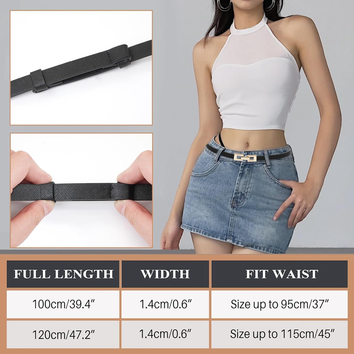 Women's Skinny Genuine Leather Belts Thin Waist Belt with Gold Buckle for Dresses - Image 4