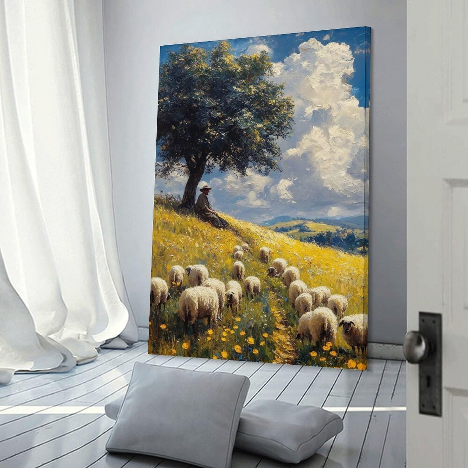 Junmoney Frame-Style-10 Canvas Wall Picture Shepherd And Sheep In Sunny Landscape, 08X12inch(20X30cm), For Bedroom, Lounge Or Dressing Area, Stylish Decor For A Restful Room Update