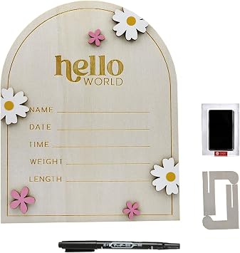 Baby Announcement Sign Hello World Wooden Birth Name Sign Welcome Baby Newborn Board Butterflies and White Flowers Nursery Decor for Baby Girls Boys WhiteDaisy
