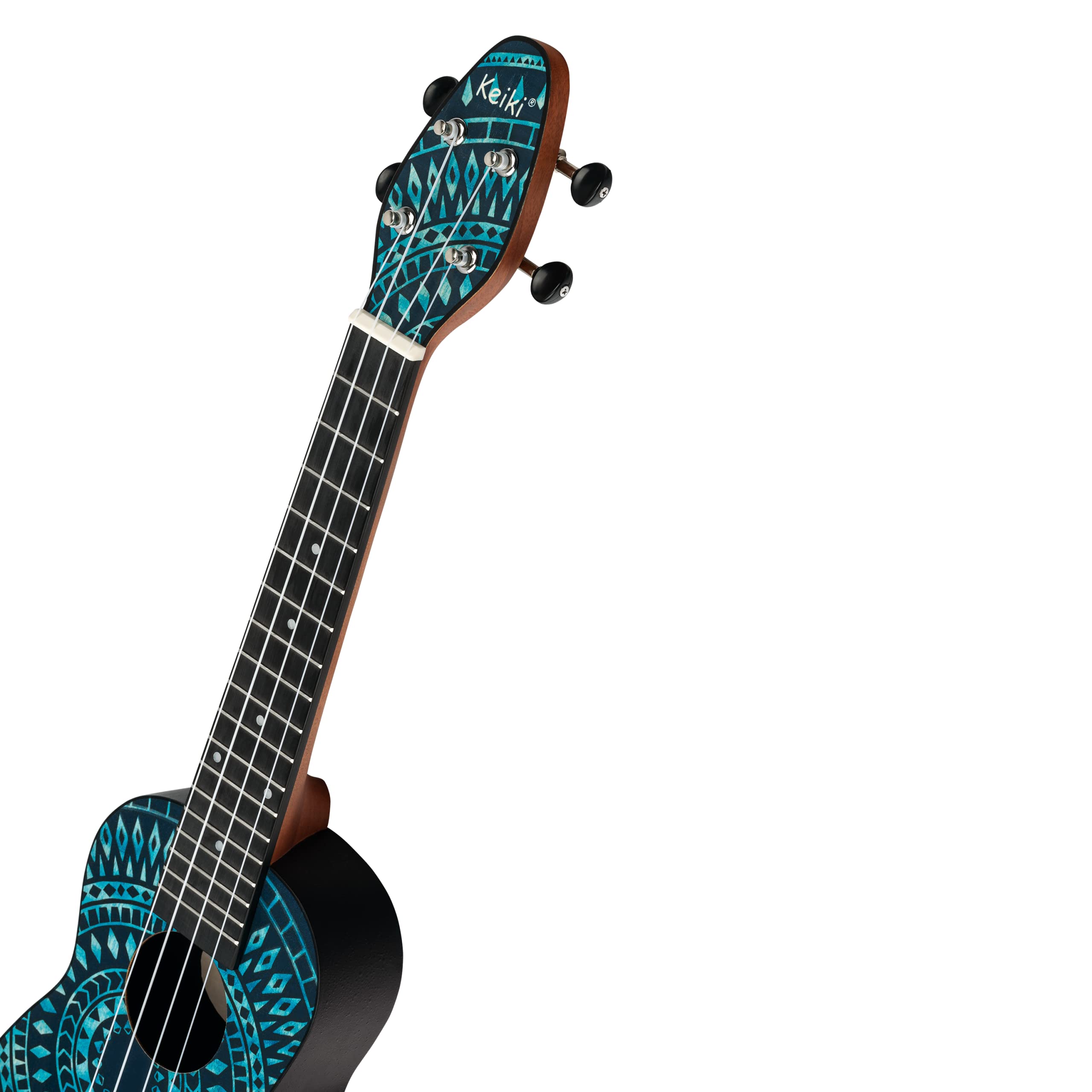 Ortega Guitars Ukelele Soprano azul - Keiki K2 - Kit de inicio incluye afinador, correa, 5 púas medianas y bolsa de dibujo - caleidoscopio azul (K2SS-BKC)