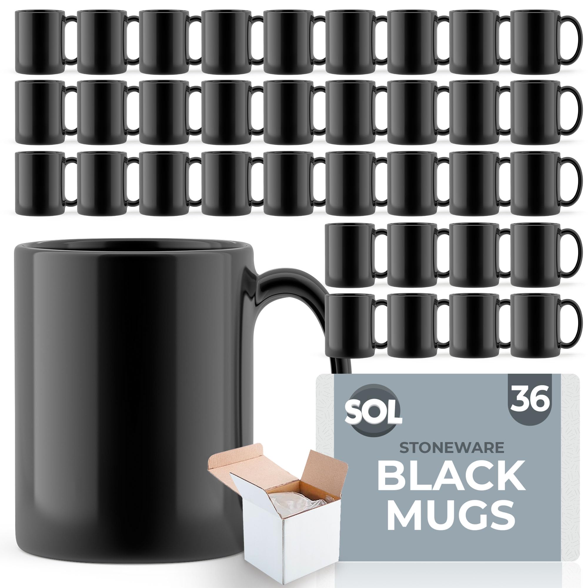 SOL Black Mugs Set of 36pk | 100% Lead and Cadmium Free Stoneware Mug Set 11oz | Great Gift Idea or Perfect for Kitchens, Restaurants & Cafes | Coffee Mugs, Tea Mugs, Black Mug…