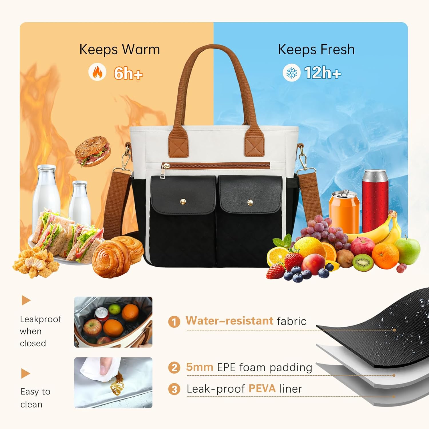 Insulated Lunch Bag Women, Wide Opening Leakproof Lunch Box Women, Large Capacity Cooler Bag with Pockets Cup Holder, Adjustable Shoulder Strap Lunch Tote for Work Picnic Beach Family College Teacher