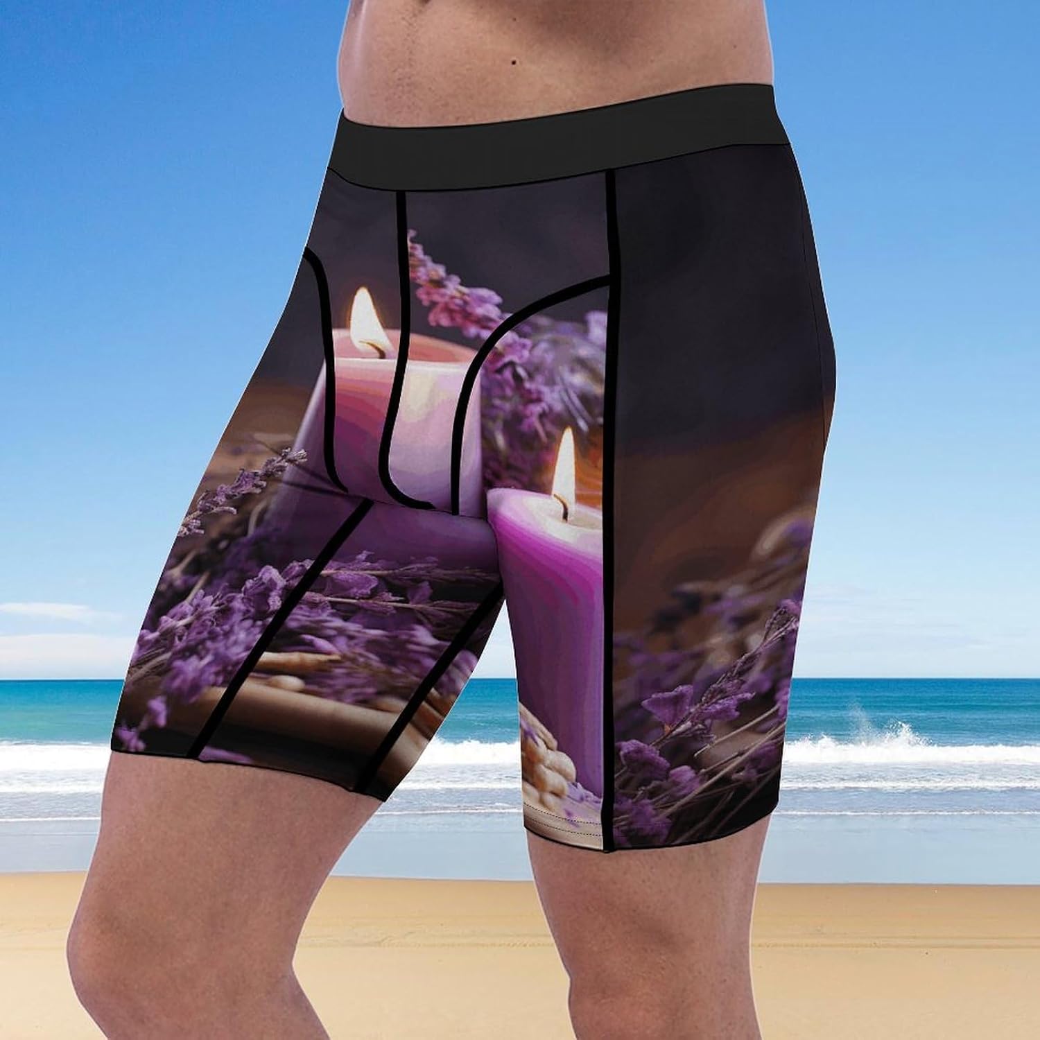 Purple Lavender with Candles Compression Shorts Men Spandex Sport Shorts Workout Performance Baselayer Underwear