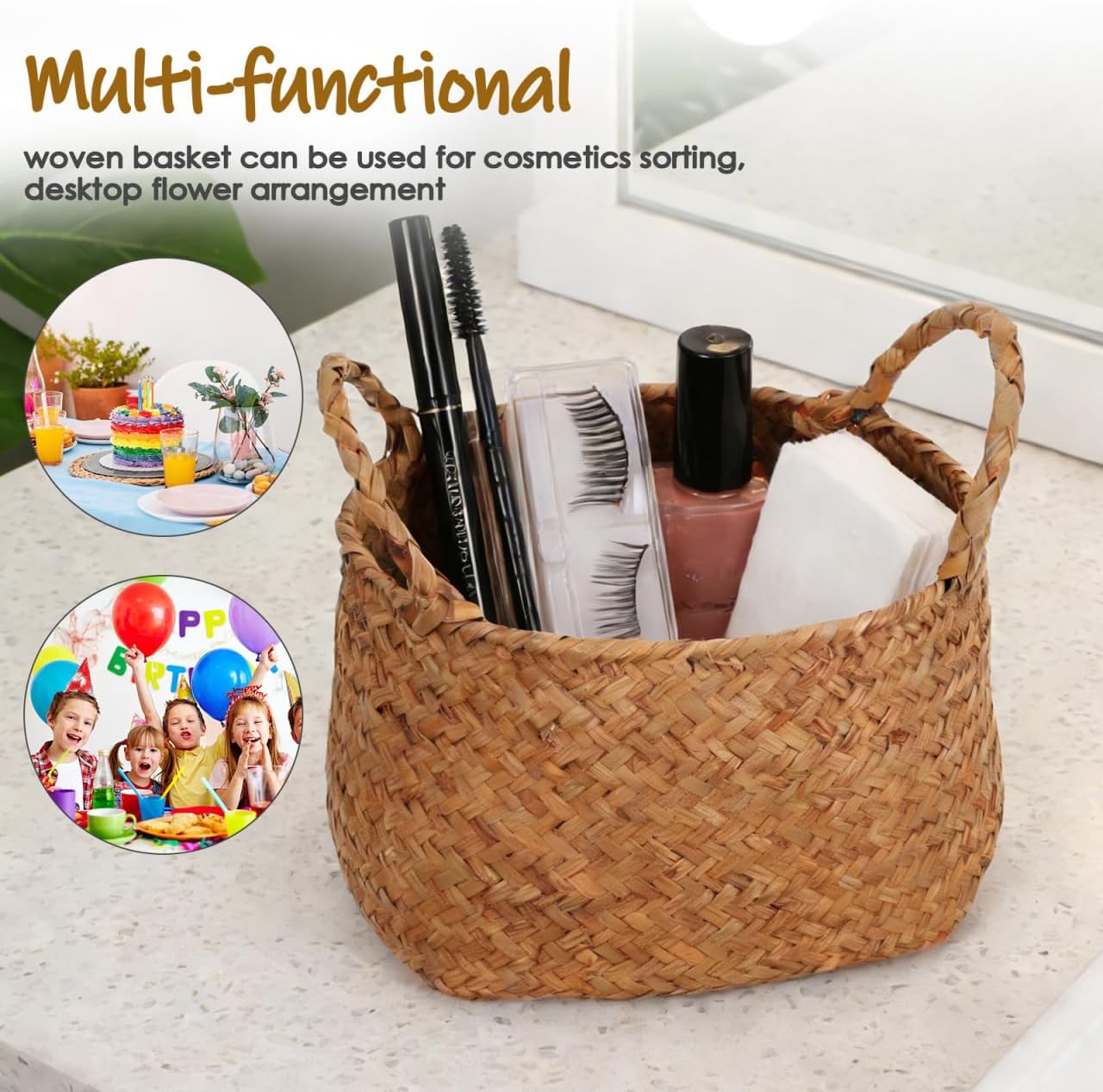 DOITOOL Japanese Style Woven Storage Basket with Handles 7.67X6.49X6.29In Multifunctional Organizer for Makeup Cosmetics Desktop Flowers and Sundries