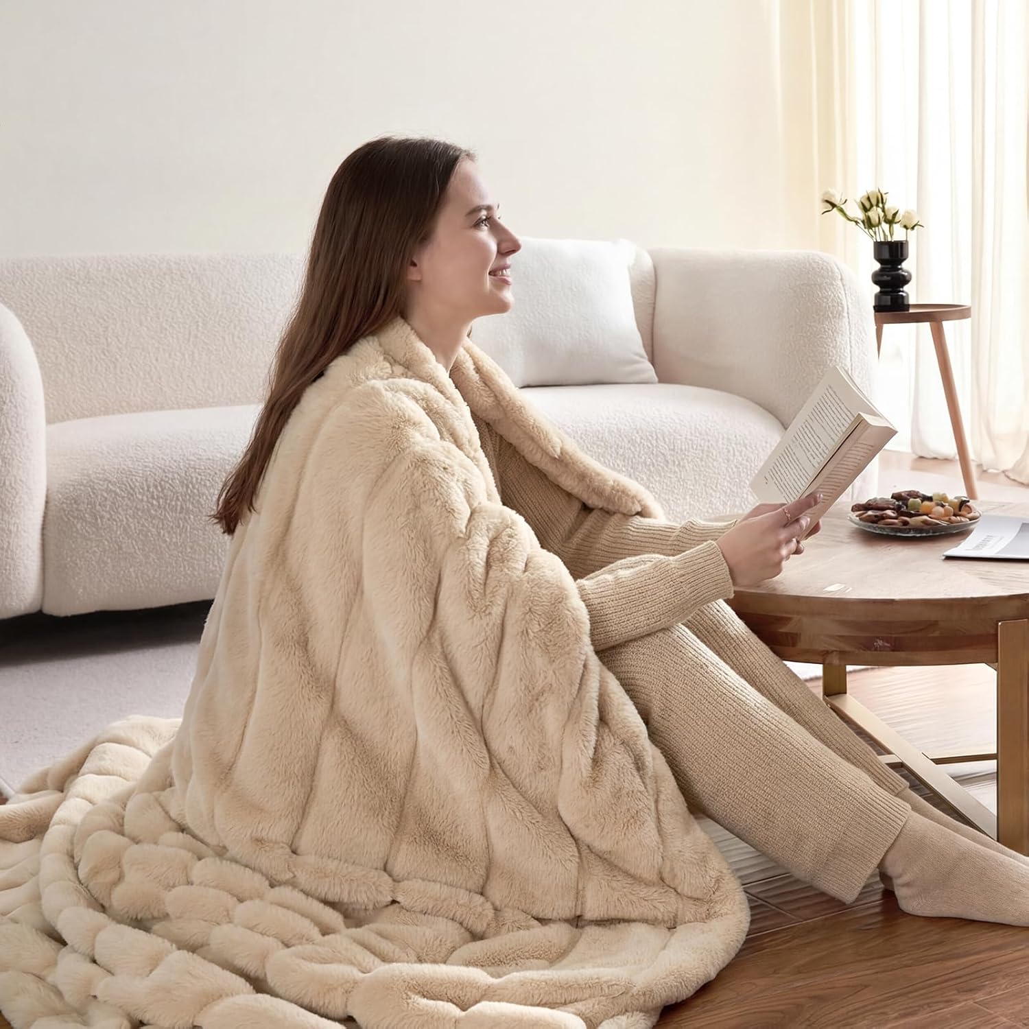 Cozy Bliss Deluxe Sheared Rabbit Faux Fur Throw Blanket, Soft Fuzzy High-Low Sculpted Plush Blanket for Couch, Cozy Home Accent, All Season Use, Khaki 50"x60"