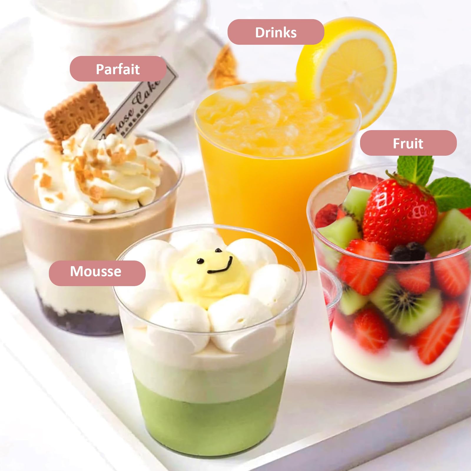 50 Vasos de Postre Transparentes Redondos 200ml con Tapas, Cucharas y 20 Adornos de Chispas - Reutilizables para Pudín, Mousse, Helado, Fiestas
