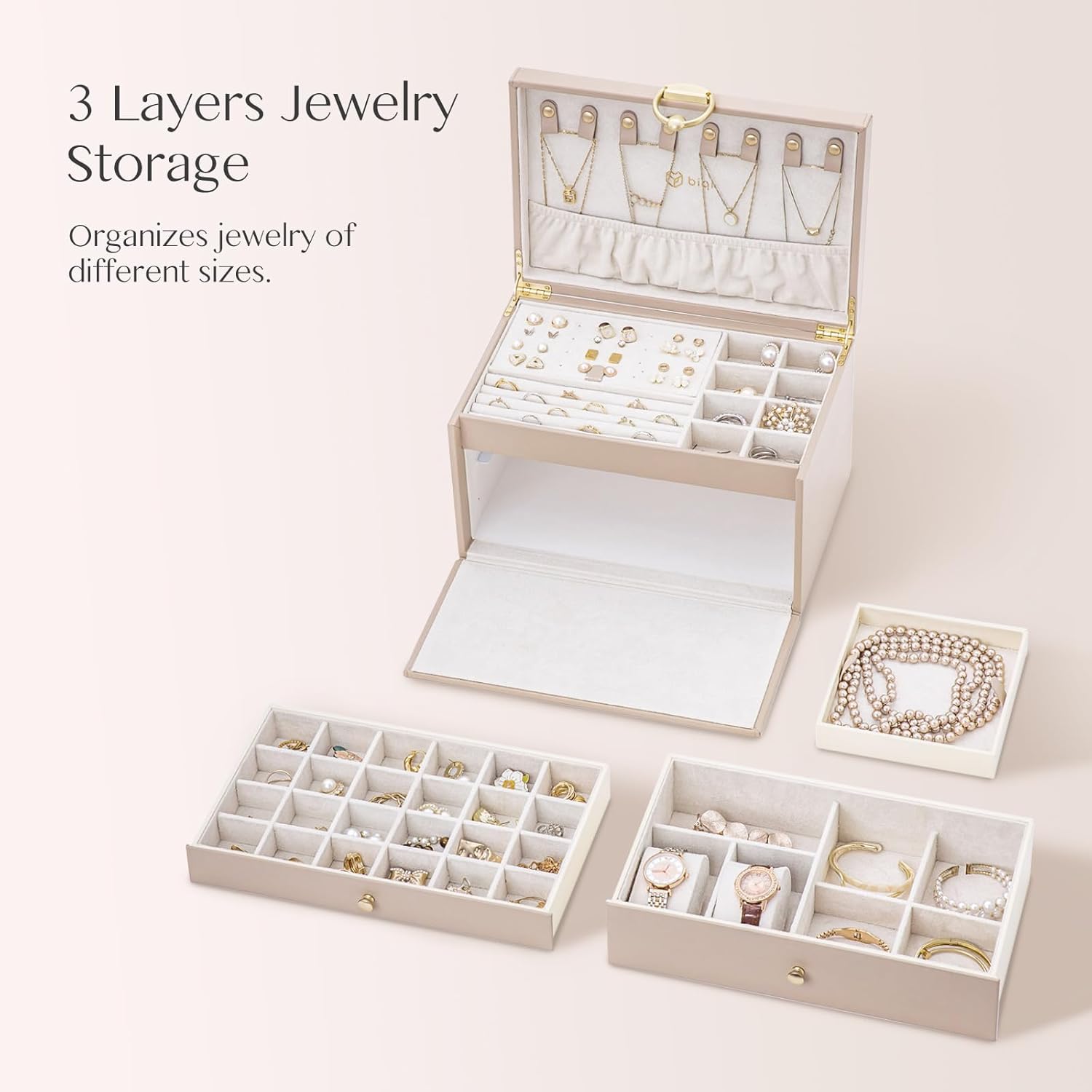 Jewelry Box for Women, 3-Tier Jewelry Organizer Box with 2 Drawers, Jewelry Holder Case for Necklace Ring Bracelet Earring Storage, Christmas Gift for Loved Ones, Light Taupe