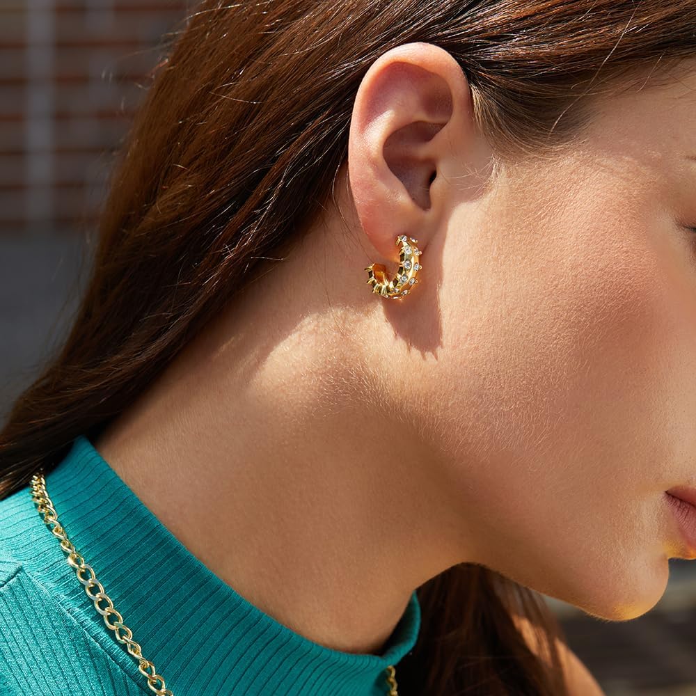 Gold Earrings for Women Girls,14K Gold Plated Hoop Earrings with 925 Sterling Silver Post Cubic Zirconia Stud Earring Huggie Hoops Earrings - Image 6