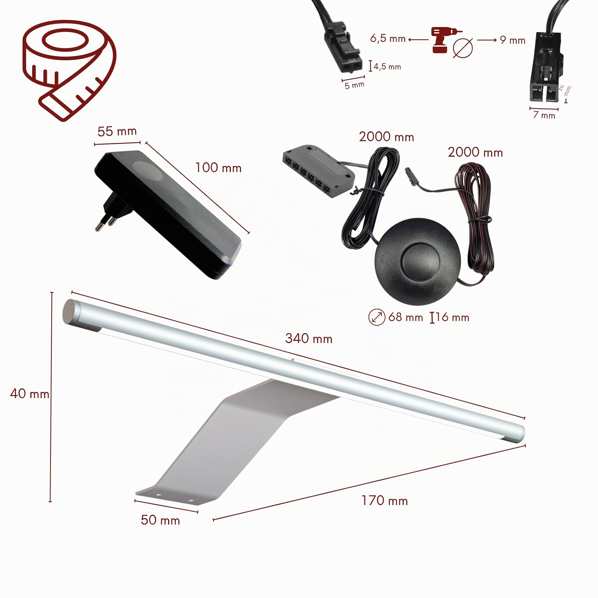 kalb | LED Aufbauleuchte, 340x170x40 mm, Schrankleuchte mit LED Modul, 12VDC, 4 W, 230 lm pro Leuchte, mit Schalter und Netzteil, silbergrau, für Schränke (Silbergrau, 4er Set, Warmweiß)