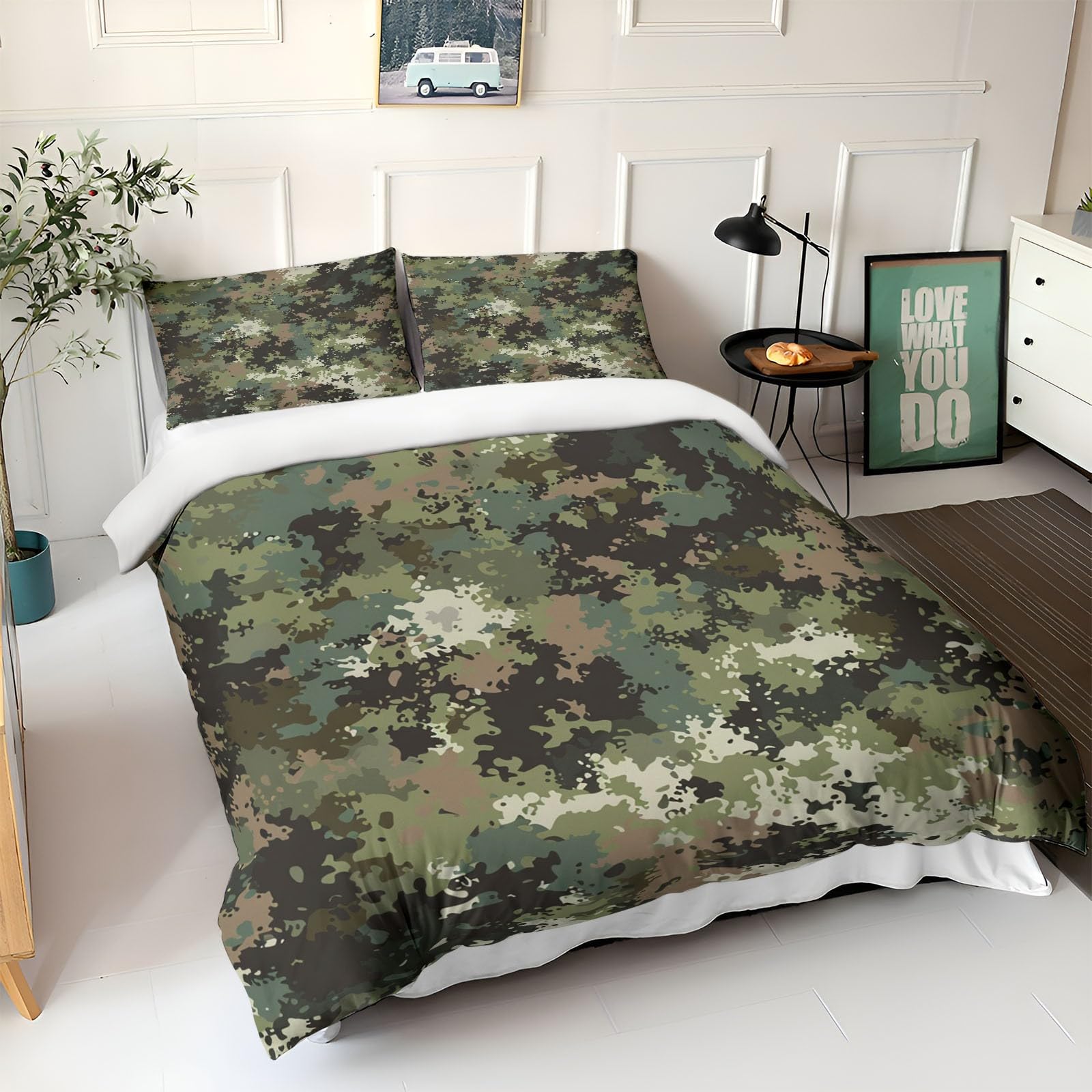 Biancheria da letto verde, 155 x 220 cm, per bambini, ragazzi e adolescenti, per letto singolo, stampa mimetica 01, copripiumino con chiusura lampo e federa 80 x 80 cm
