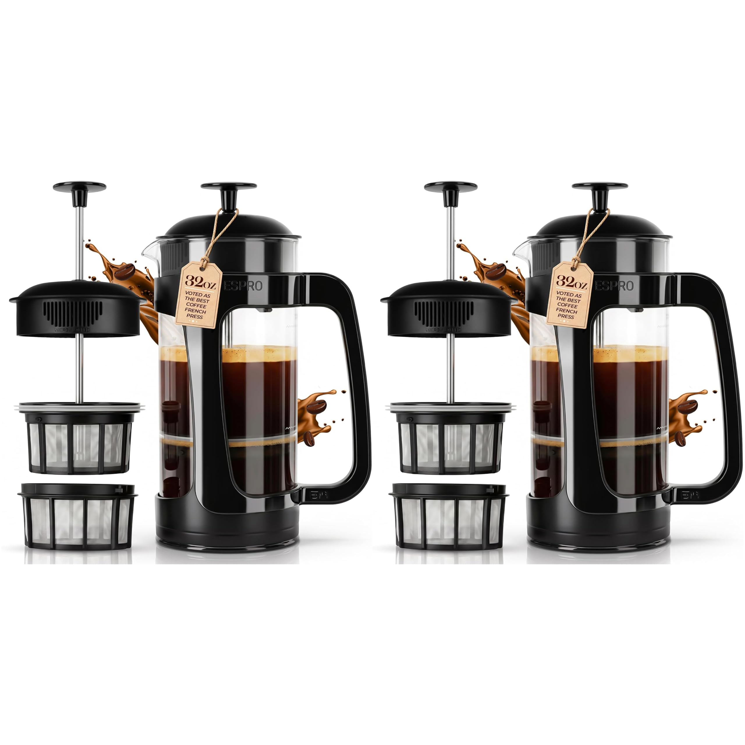 ESPRO P3 French Press Coffee Maker, 32oz, 2Pack, Black, Double Filter Press