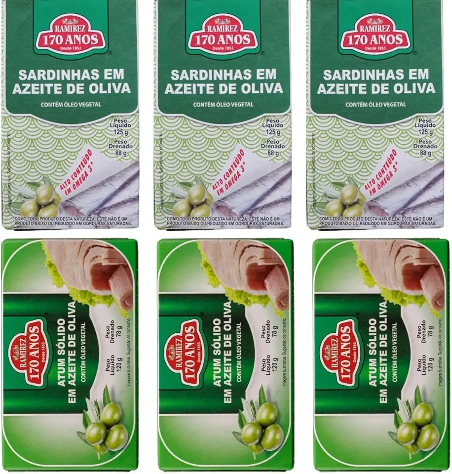 KIT 3X Sardinha e 3X Atum Sólido - 100% Azeite de Oliva Ramirez - Produto de Portugal - Lata - Tampa Abre Fácil - Rico em Ômega 3 - Cálcio - Vitamina B12 - Proteínas