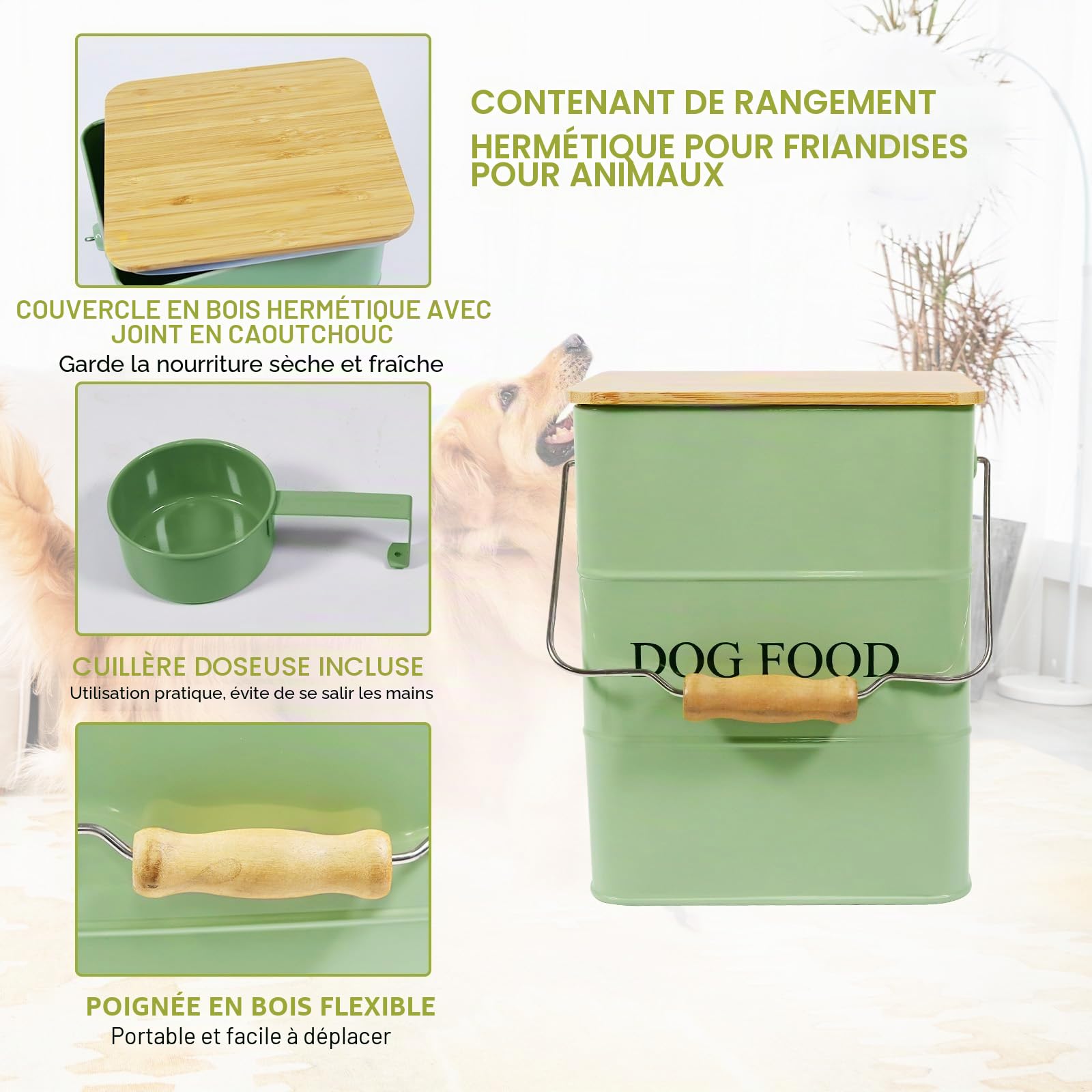 Boîte de rangement en métal pour chien - 6 l - Avec couvercle en bois, poignée et pelle - Boîte de conservation hermétique pour nourriture sèche et collations - Boîte à friandises - Vert armée