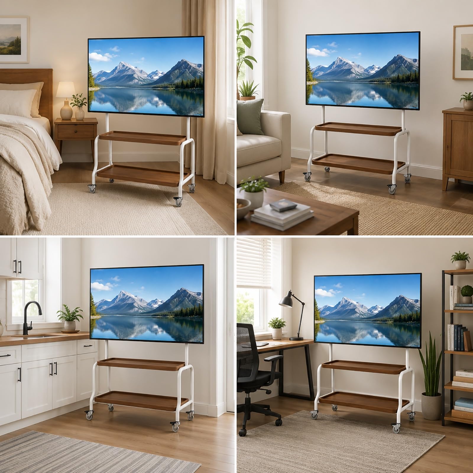 Soporte TV Pie Portátil con Estante, Soporte TV con Ruedas Móvil | Compatible VESA, Ruedas Giratorias Bloqueo 360°, Estante Doble para Dormitorio, Sala Estar, Interiores