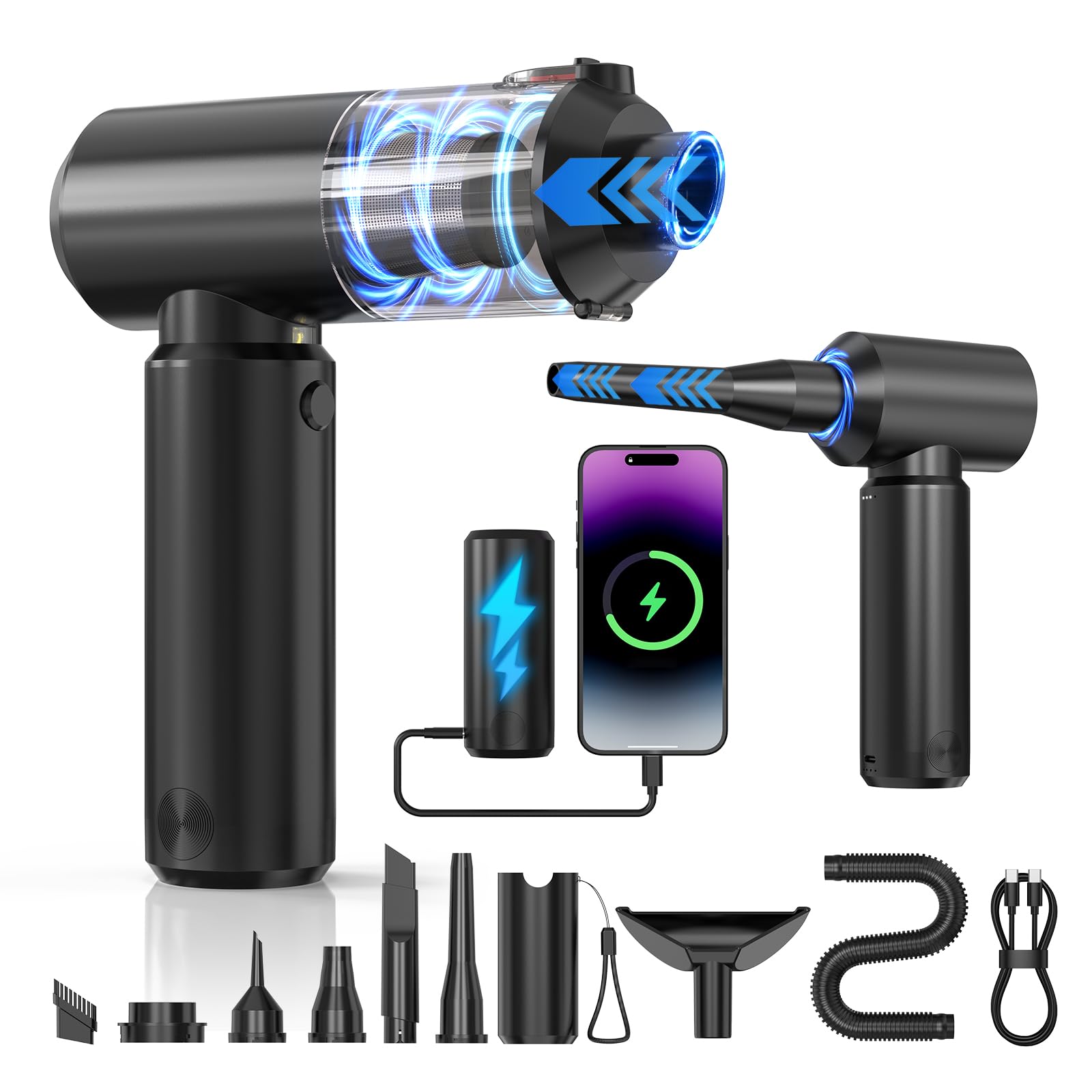 Cordless Handheld Vacuum with 6000mAh Power Bank LED Light 3-in-1 Car Vacuum Air Blower Phone Charger 20 000Pa