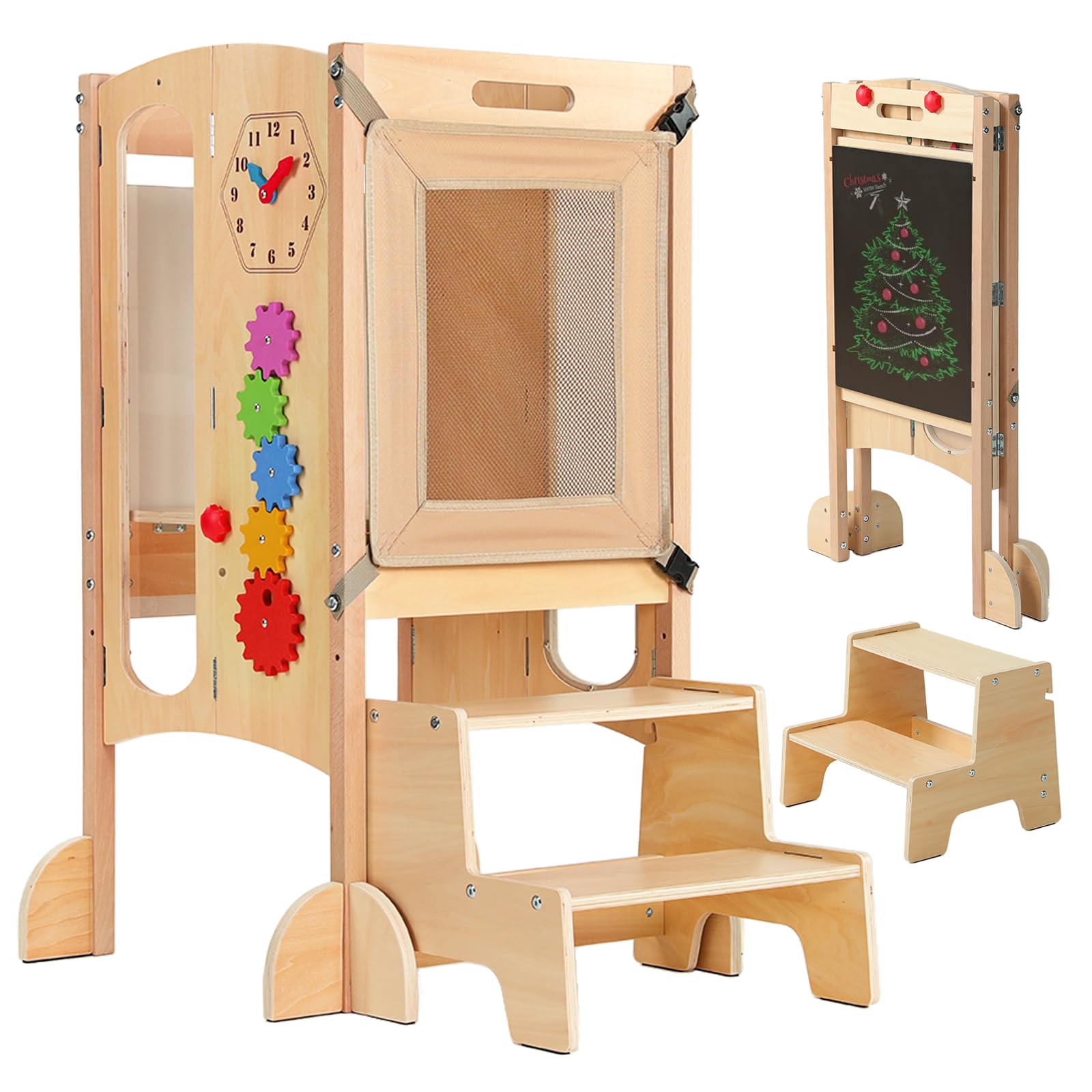 Toddler Tower, Foldable Toddler Kitchen Stool Helper with 2 Step Stool, Wooden Toddler Stool with Safety Net, Adjustable Height, Chalk-Whiteboard& Montessori Activity Games