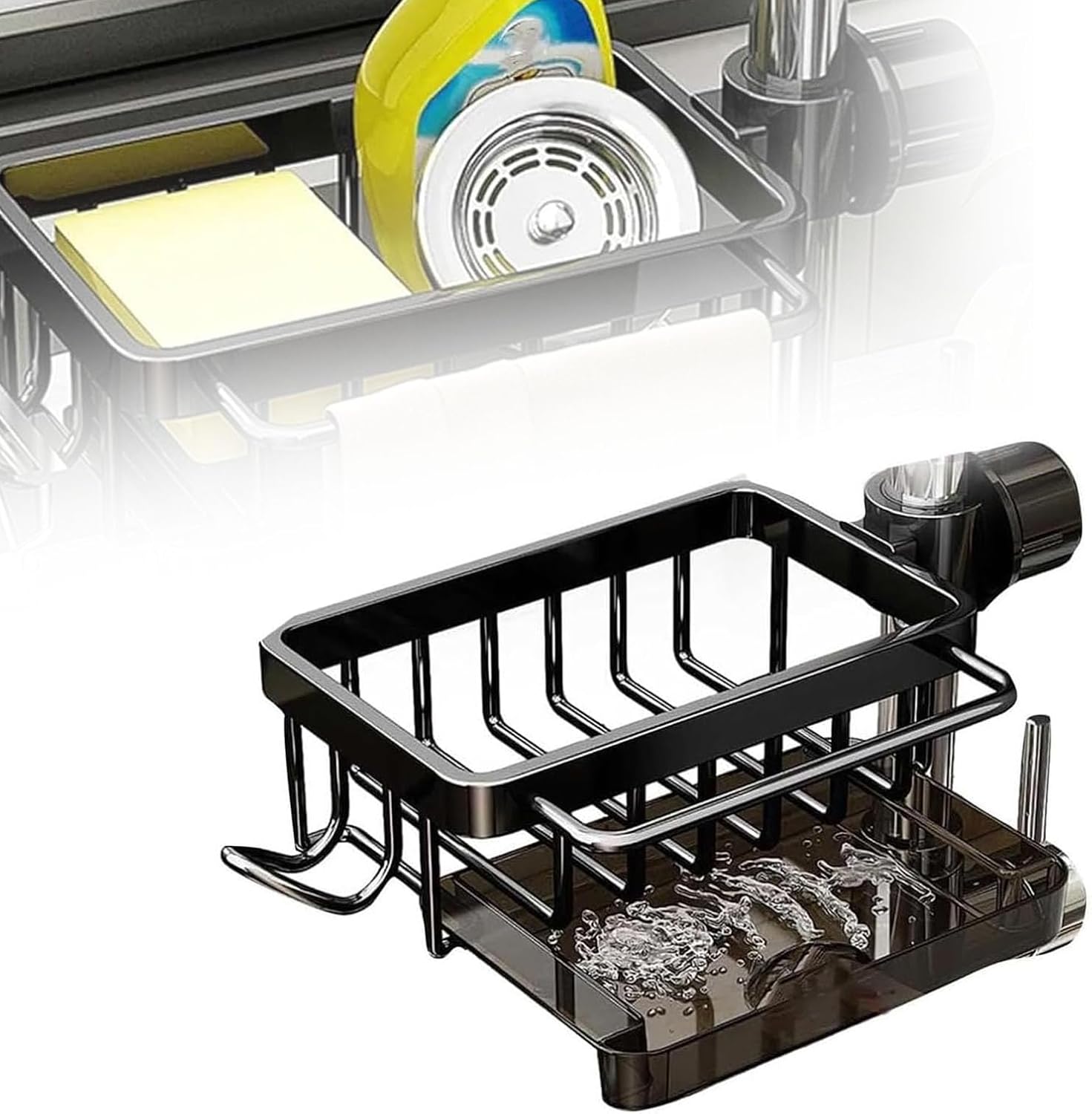 Kitchen Sink Faucet Organizer, with Drain Tray Towel Rack, Rustproof Sponge Holder for Kitchen Sink, Sink Caddy Holder for, Scrubbers, Soap - for Dia 0.7-1.1in Round Pipe, Left Black