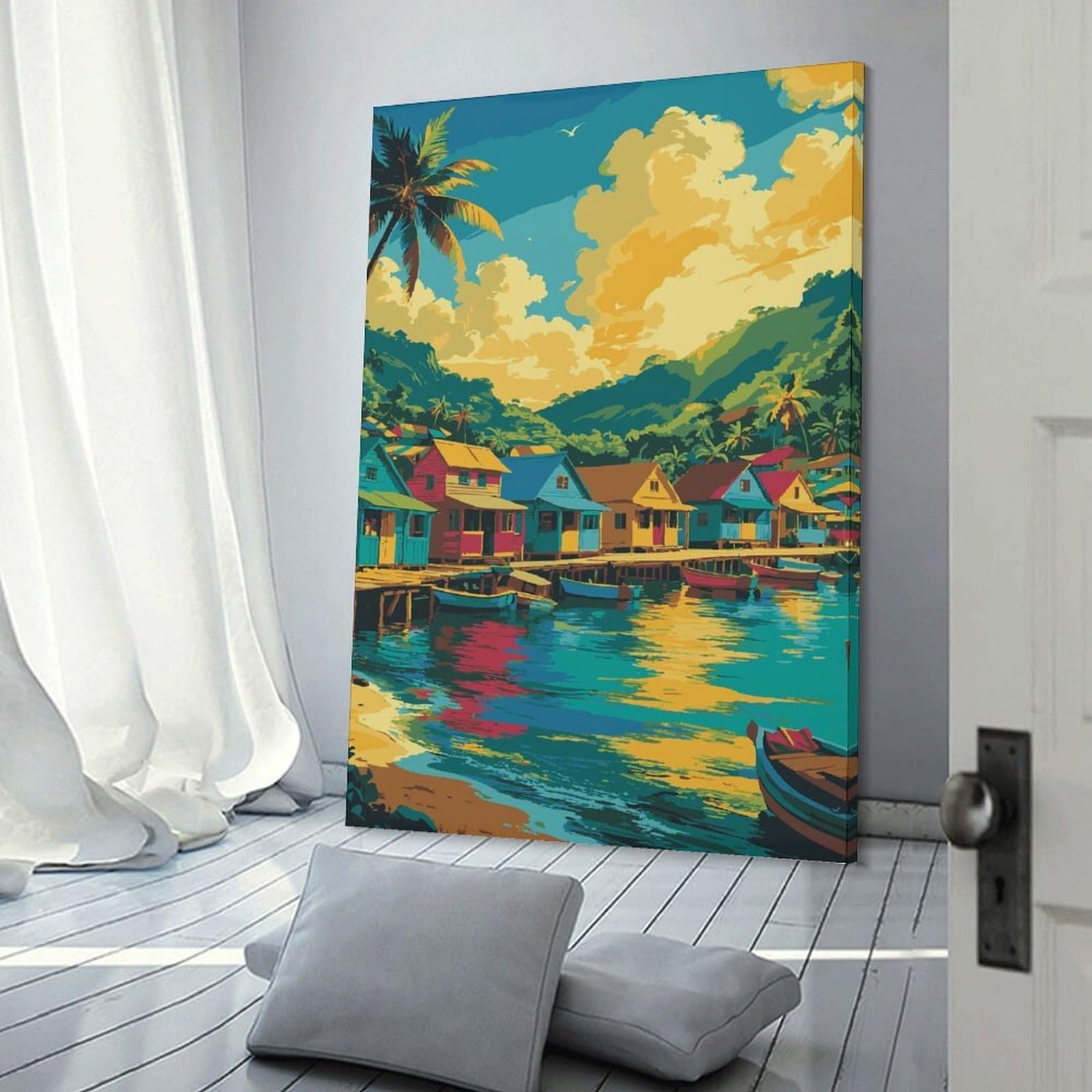 Junmoney Frame-Style-20 Colorful Tropical Village By The Water Canvas Art Print, 20X30inch(50X75cm), For Wall Displays, Bedrooms Or Room Updates, Home Wall Art For Statement Displays