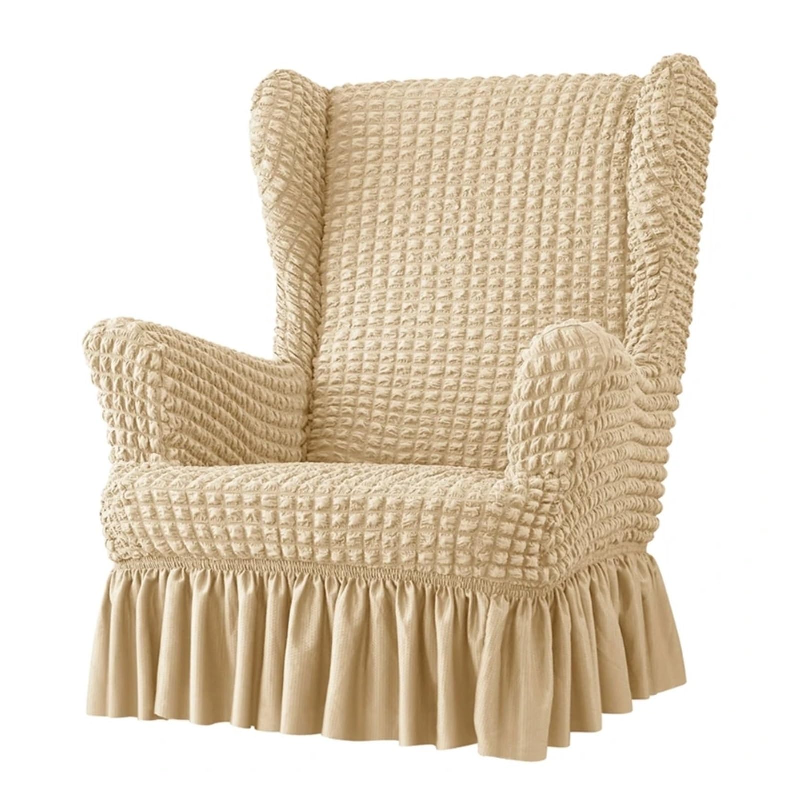 GCYEIDMA Wing Chair Slipcover Stretches Wingbacks Chair Slipcover, Wing Covers with Skirt Soft Back with Arm with Elastic Bottom(Deep for Beige)