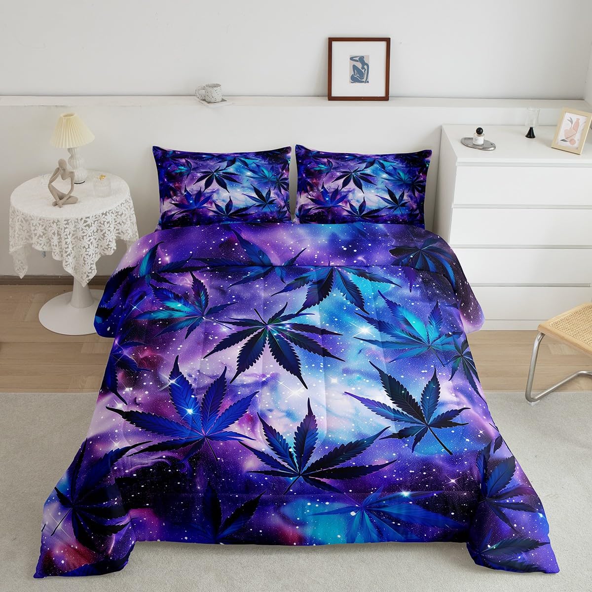 ManfeiWeed Comforter Set Starry Galaxy Nebula Bedding Set Tropical Leaves Plant Bedding Home Decor Blue Purple Comforter Queen Size 3 Pieces Quilted Duvet Set with 2 Pillowcase