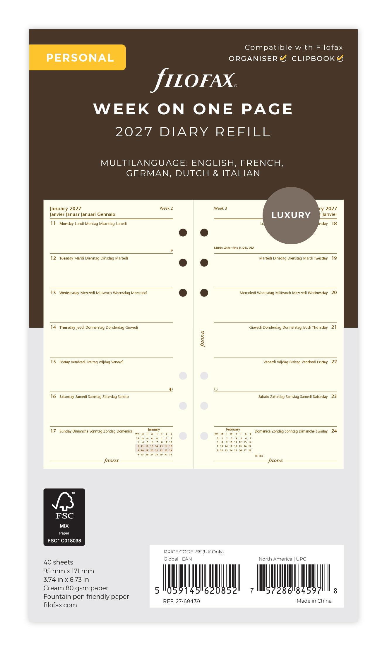 Filofax Personal Week per page 5 language cotton cream 2027 diary 27-68439