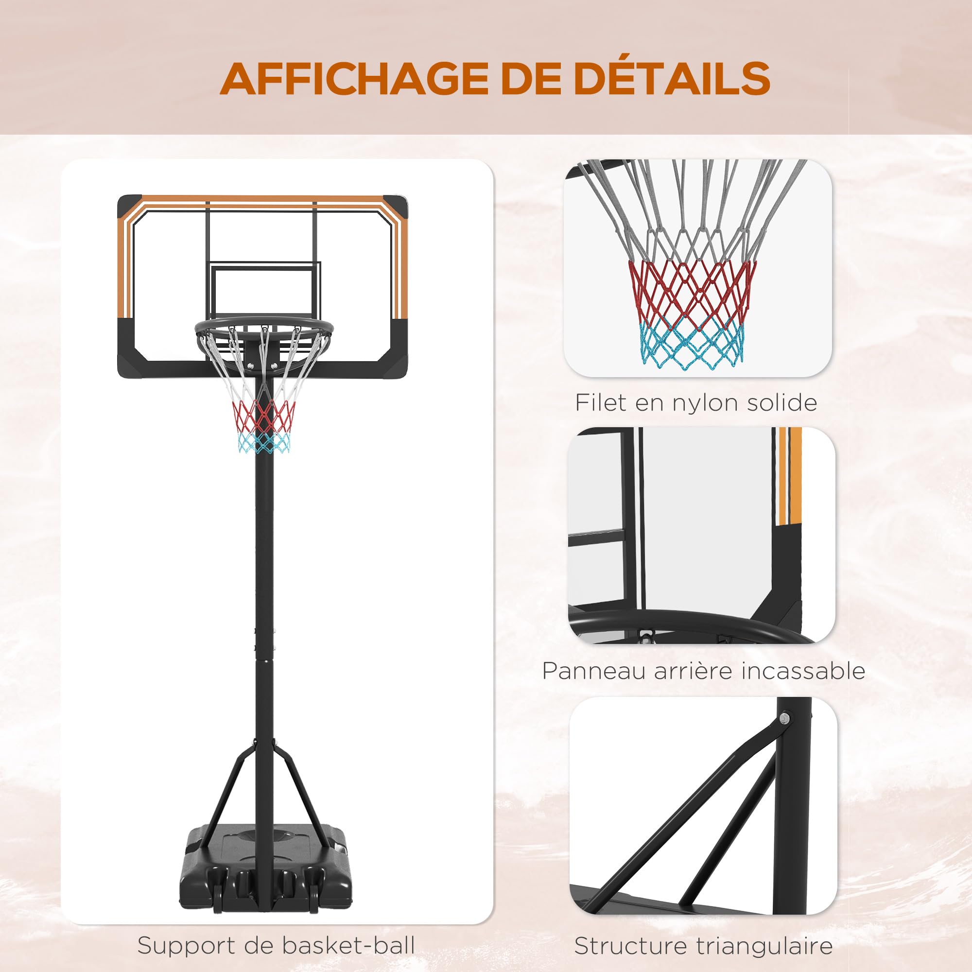 SPORTNOW Panier de Basket sur Pied, Hauteur réglable 235-264cm, Panier de Basket-Ball avec Base lestée, roulettes, Panneau arrière Solide, Noir