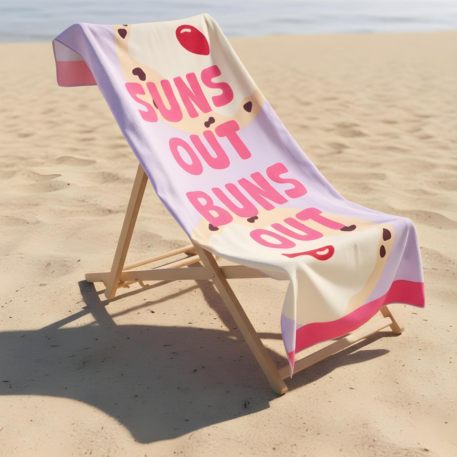 Ohs Women's Lilac Large Beach Towel, Suns Out Buns Out Slogan Super Soft Quick Dry Sand Free Microfibre Beach Towel Lightweight Compact Travel Summer Essentials Holiday Towels, - 71 X 152Cm