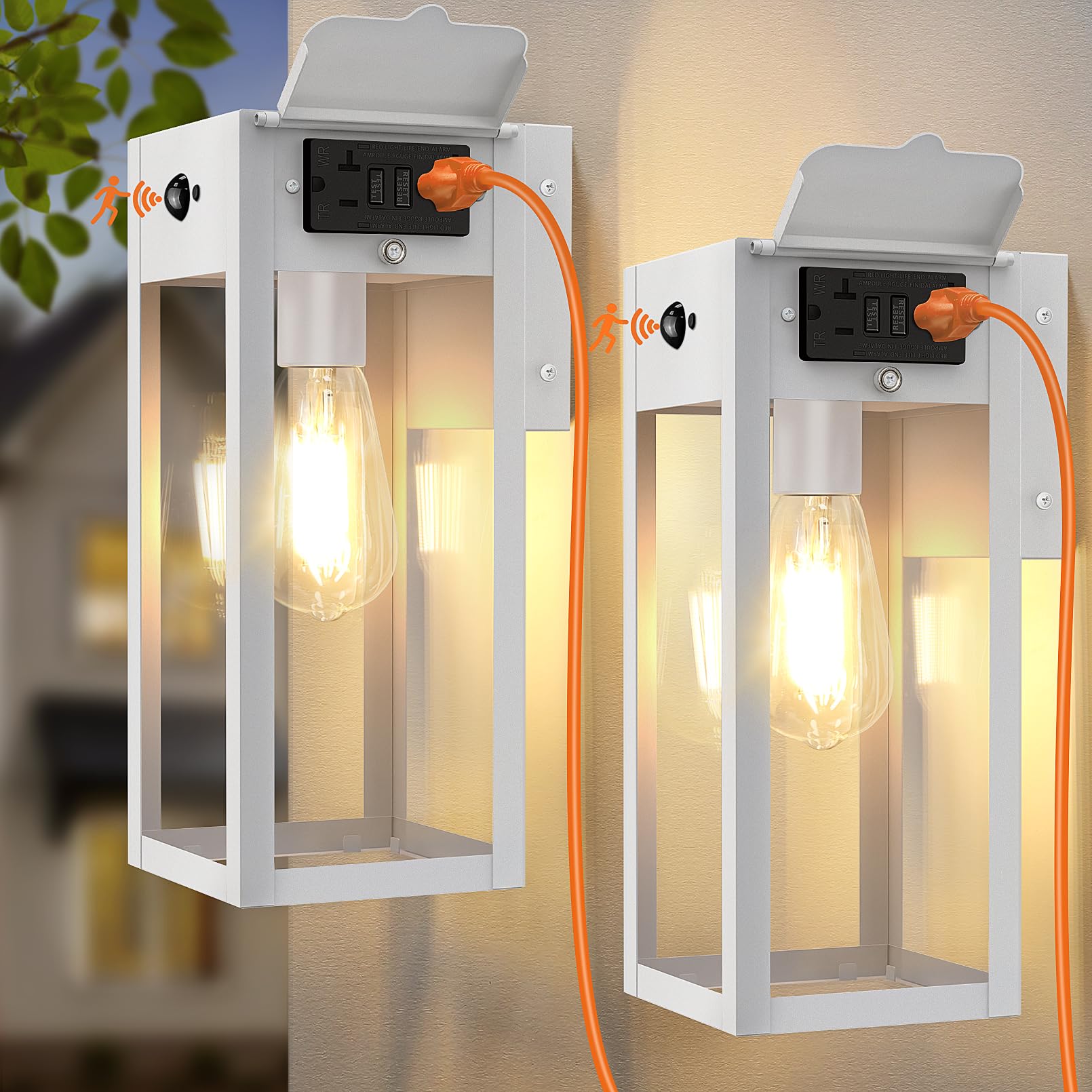 OYKYOHEI 2 Pack Porch Lights with GFCI Outlet, Dusk to Dawn Motion Sensor Outdoor Lights, 2 Lighting Modes Waterproof Anti-Rust Wall Sconce Lantern, Outside Light for House, White — image 1