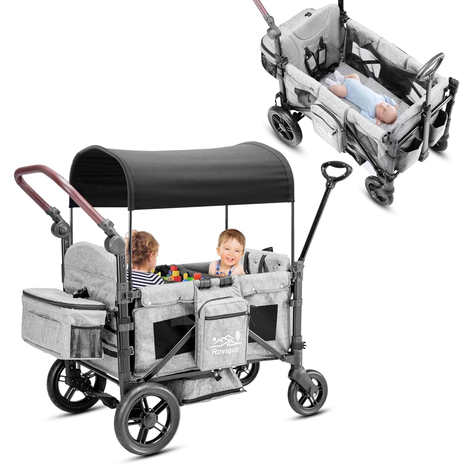 Carrello pieghevole con tetto, carrello di alta qualità per 2 bambini, passeggino doppio con tetto, vassoio snack, cintura a 5 punti, ruote in poliuretano per fuoristrada, carrello