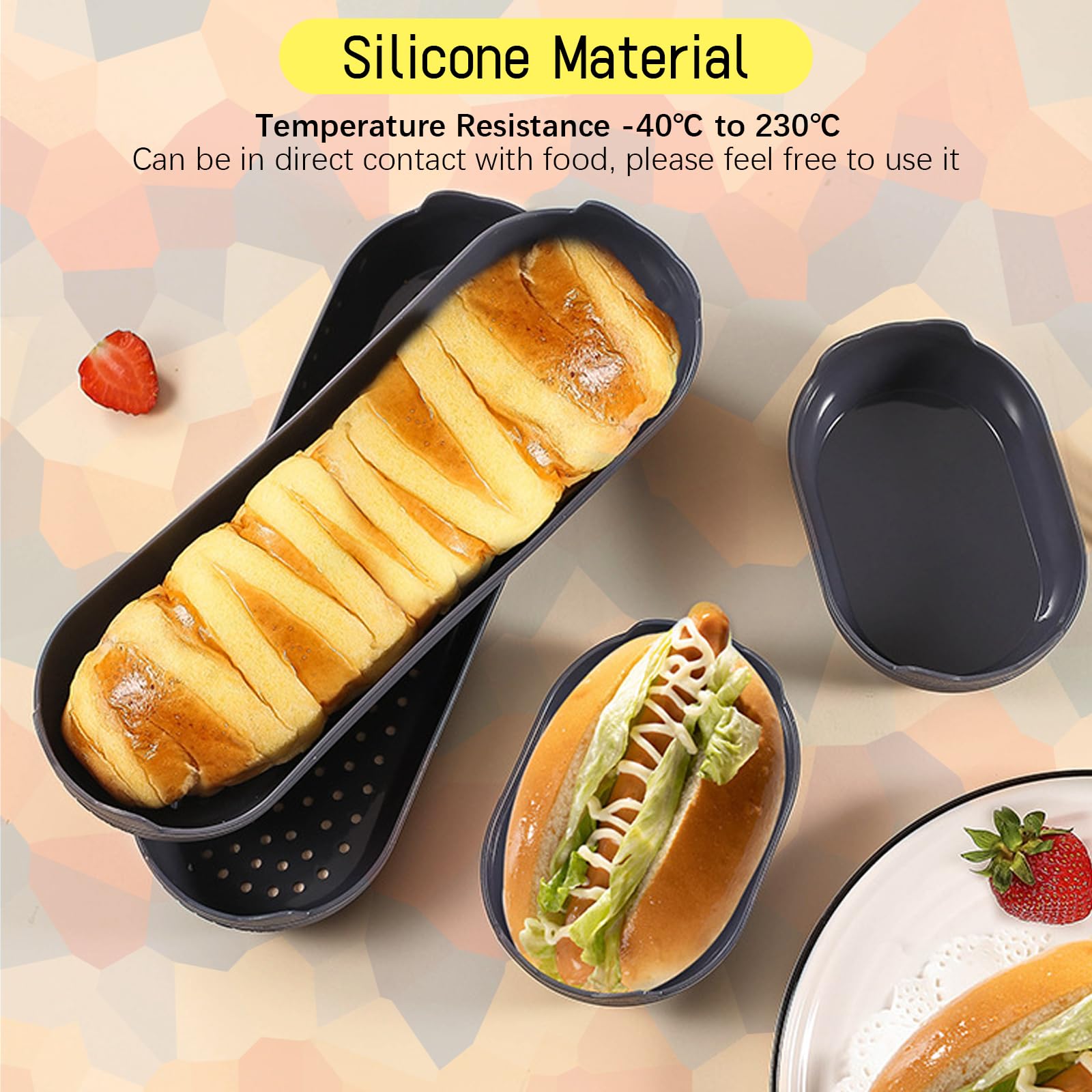 JAOGAUS Lot de 6 moules à baguettes en silicone, 3 grilles de cuisson, 9 moules à pain en silicone, anti-adhésif, perforé, pain français, bâton de pain, petits pains (gris)